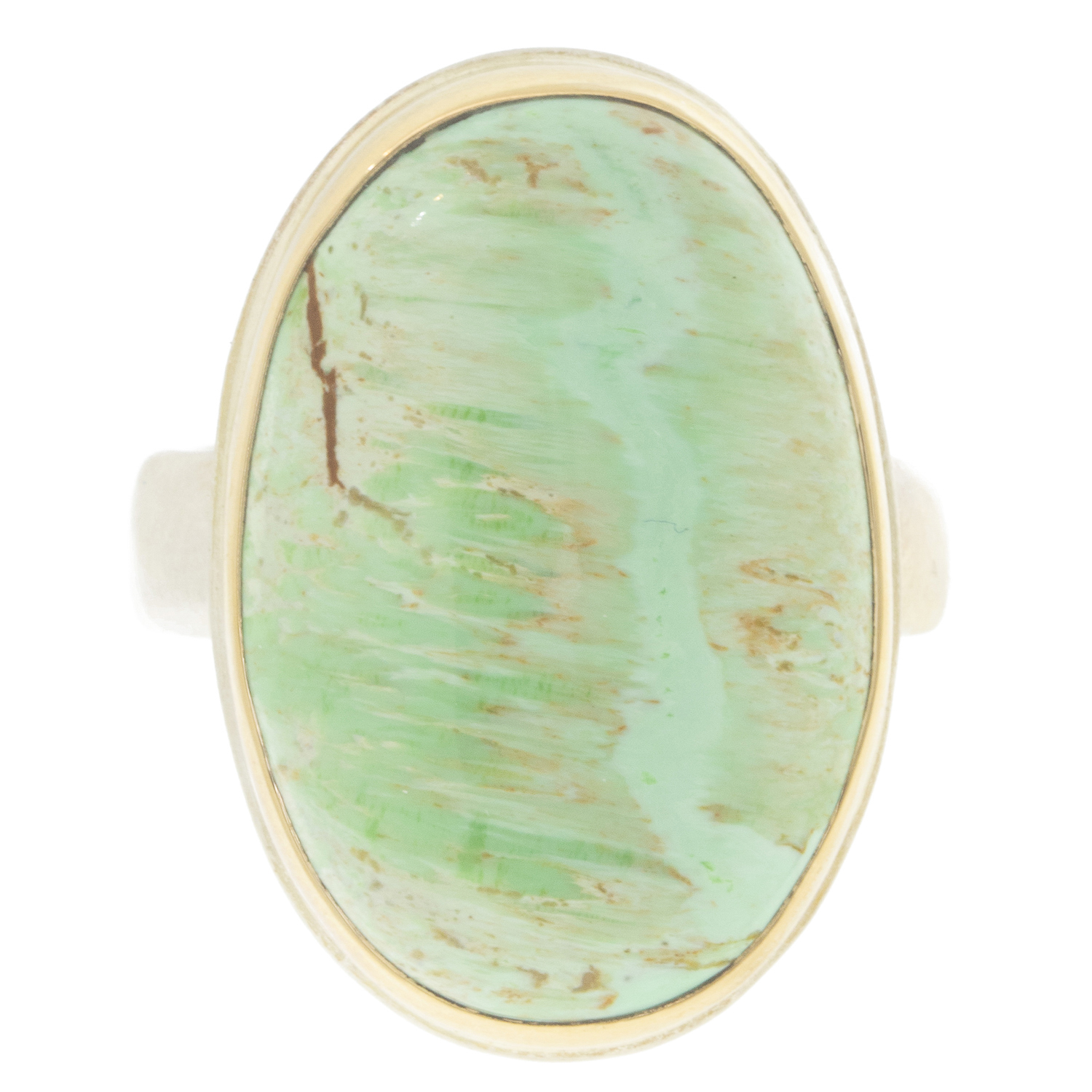 Jamie Joseph: Sterling & 14K Gold Ring w/ Vertical Oval AUSTRALIAN VARISCITE on Groovy Band, size 8, 15/16" x 5/8"