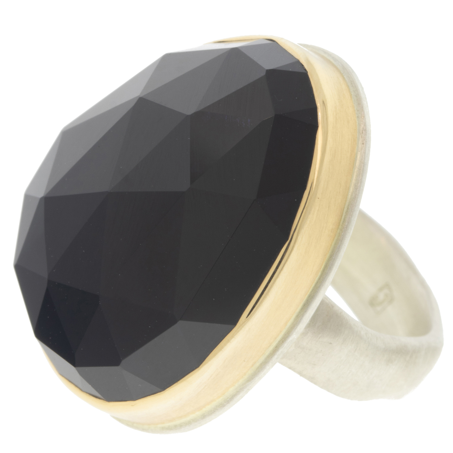 Jamie Joseph: BLACK ONYX Sterling & 14K Gold Ring w/ Vertical Asymmetrical Rose Cut on Groovy Band sz8