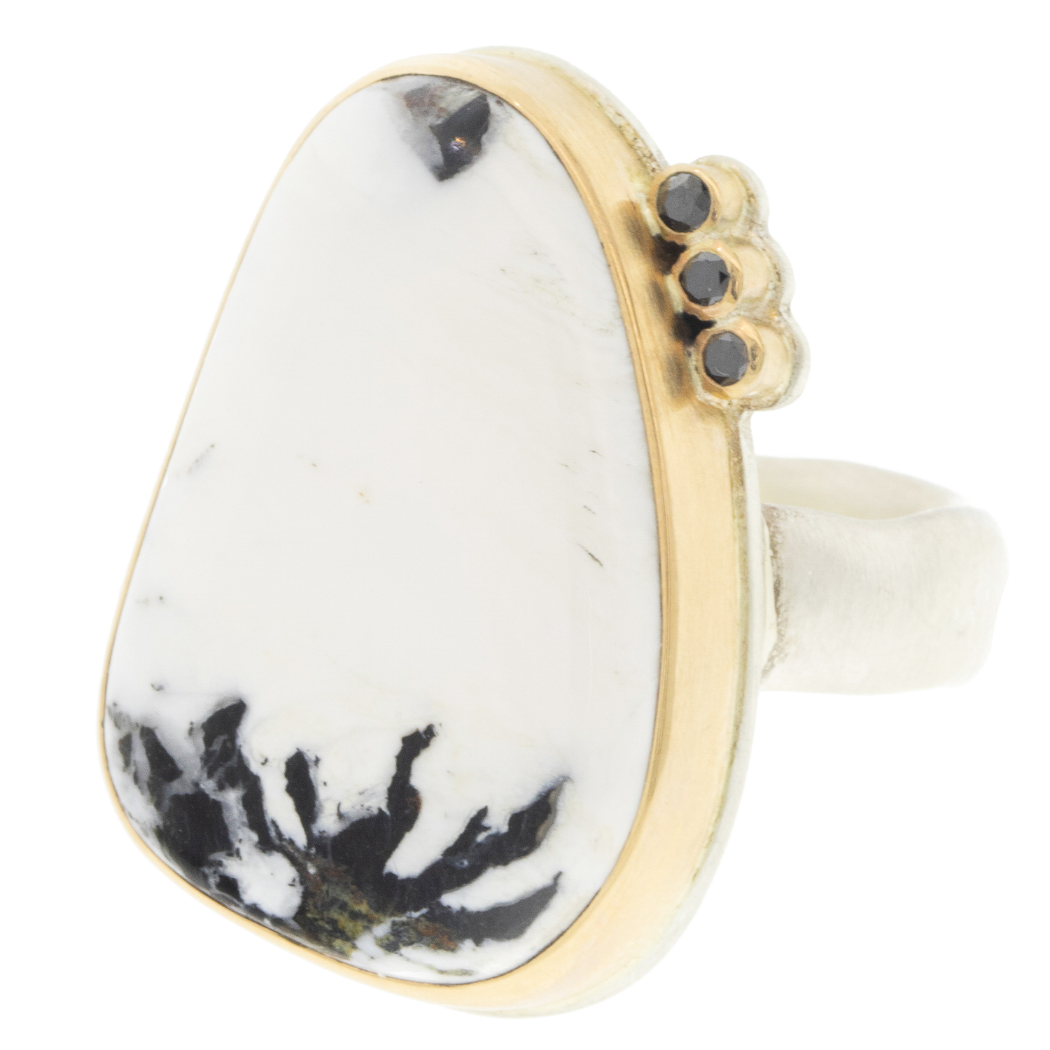Jamie Joseph: Sterling & 14K Gold Ring w/ Vertical Asymmetrical WHITE BUFFALO TURQUOISE & Triple Satellite Black Diamonds on Groovy Band (.075 CTW) size 7 3/4 15/16" x 5/8"