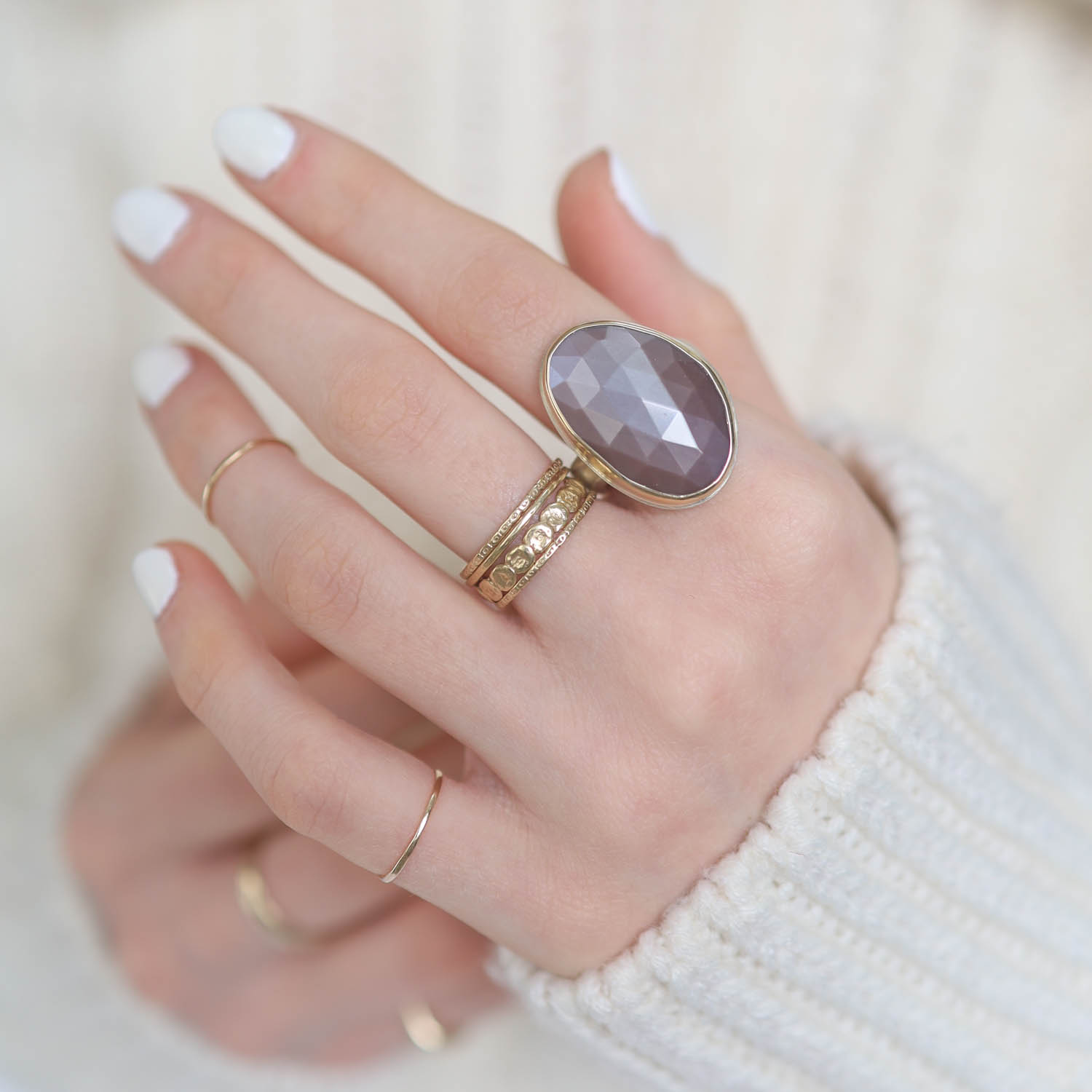 Jamie Joseph: Sterling & 14K Gold Ring w/ Vertical Asymmetrical Rose Cut CHOCOLATE MOONSTONE on Groovy Band size 7 1/2, 15/16" x 9/16"