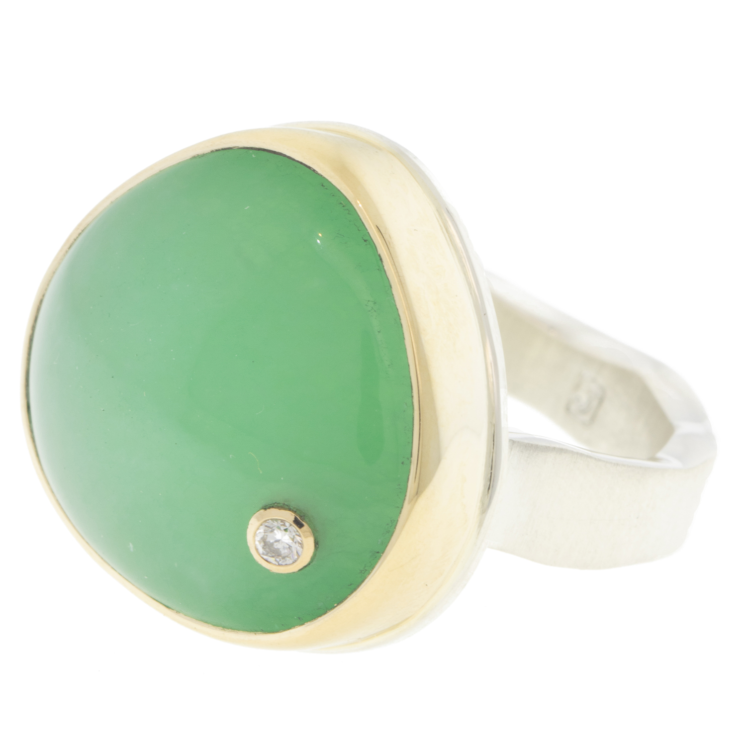 Jamie Joseph: GREEN QUARTZ Sterling & 14K Gold Ring w/ Asymmetrical Smooth & .03 ct Diamond on Live Edge Band sz 8