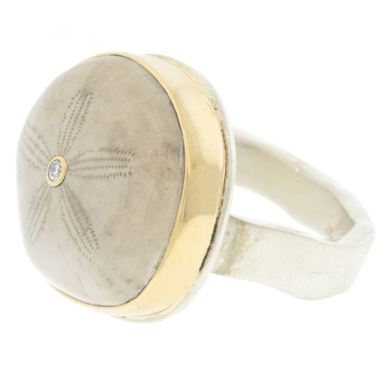Jamie Joseph: Ring, SS & 14K Gold ring w/ Asymmetrical Fossilized SEA URCHIN & .03 TCW Diamond on live edge band, Measures 11/16" x 13/16" sz 7 3/4