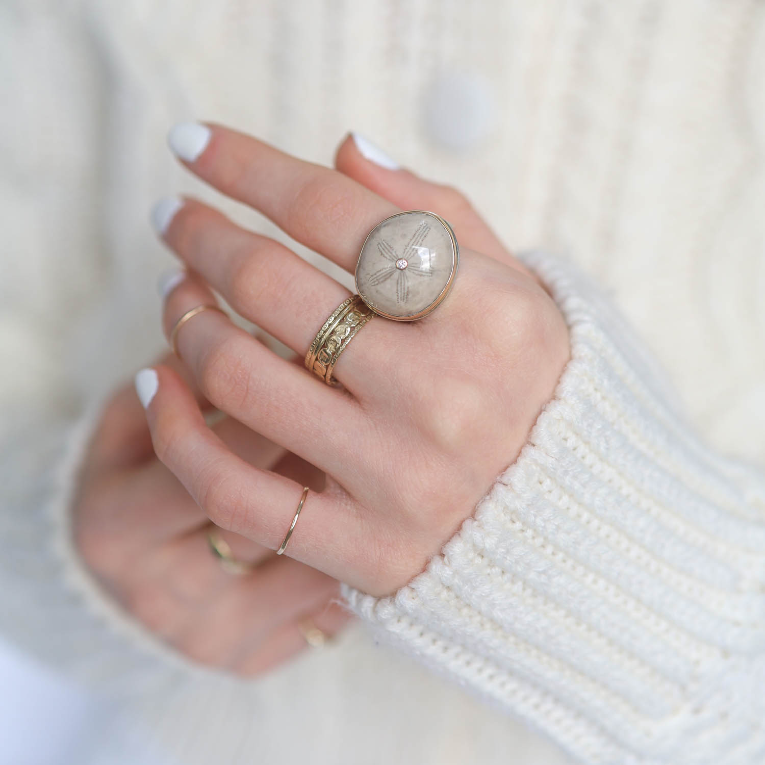 Jamie Joseph: Ring, SS & 14K Gold ring w/ Asymmetrical Fossilized SEA URCHIN & .03 TCW Diamond on live edge band, Measures 11/16" x 13/16" sz 7 3/4