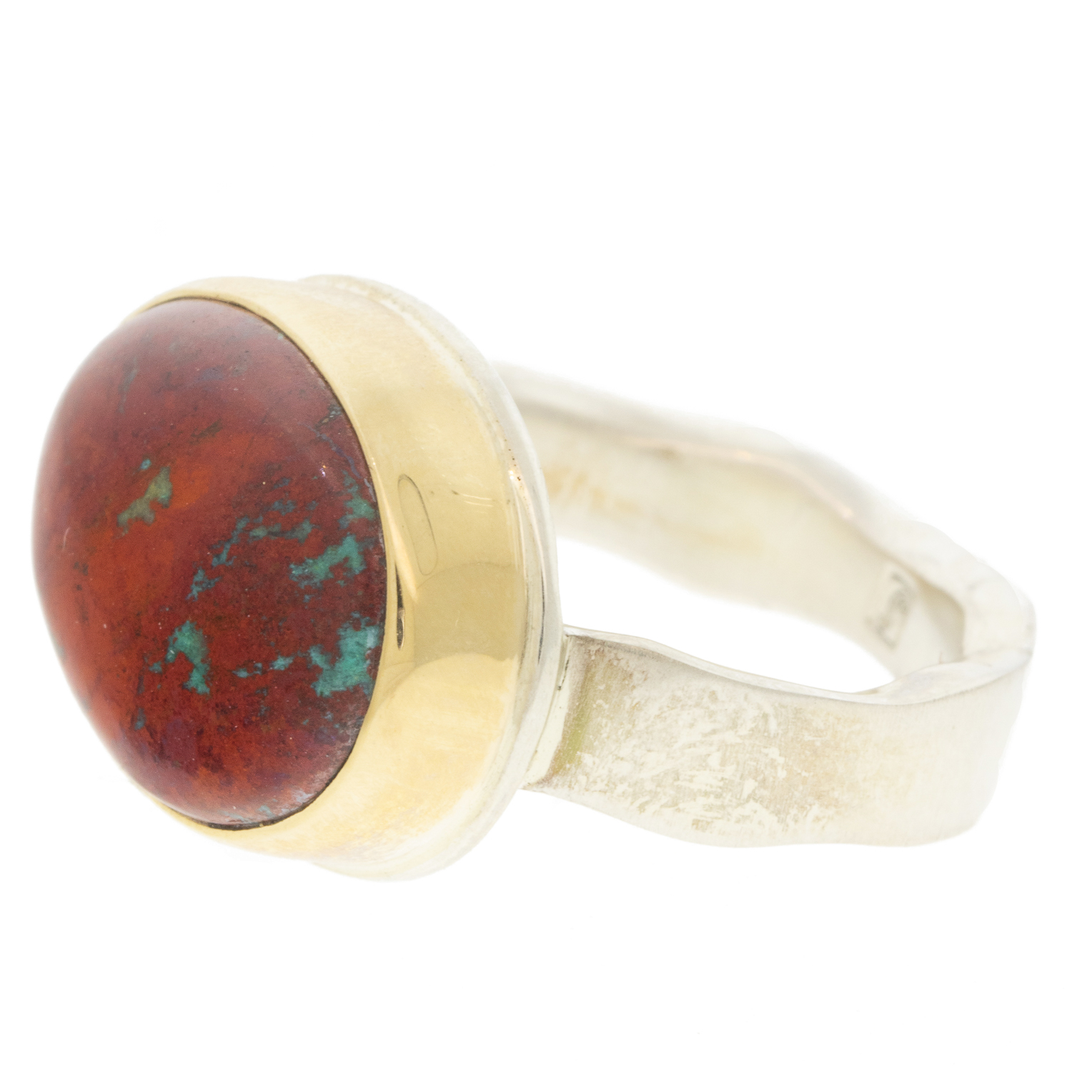 Jamie Joseph: Sterling & 14K Gold Ring w/ Oval SONORAN SUNRISEon Live Edge Band size 7 1/2" x 11/16"