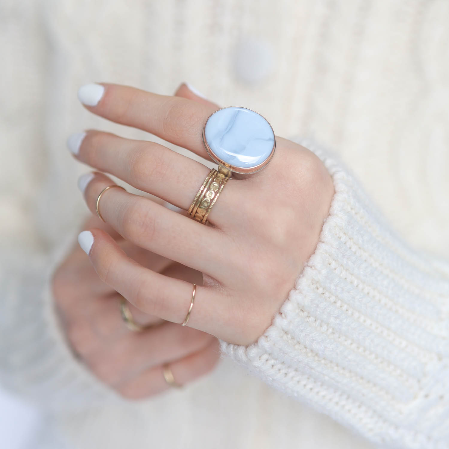 Jamie Joseph: INDIAN BLUE OPAL Sterling & 14K Rose Gold Ring w/ Vertical Oval on Wide Eroded Live Edge Band sz 8