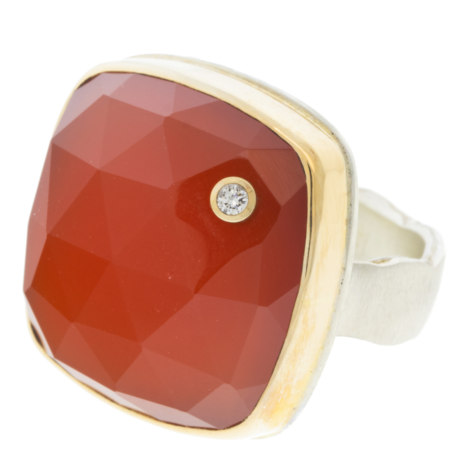 Jamie Joseph: Sterling & 14K Gold Ring w/ Square Rose Cut ORANGE CHALCEDONY & .03 ct Diamond on Wide Eroded Live Edge Band, size 6.75, 3/4" x 3/4"