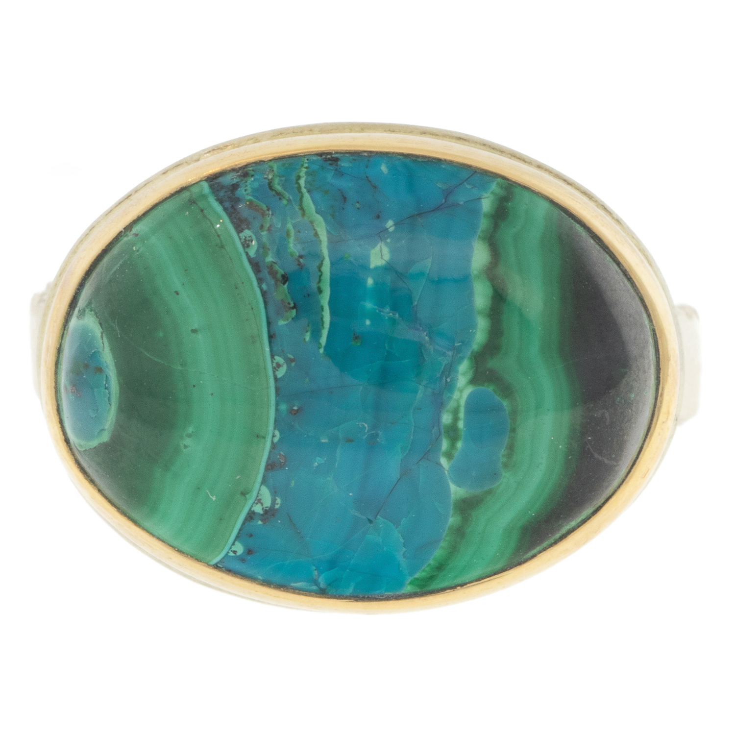Jamie Joseph: SS and 14k Gold Ring w/ Oval CHRYSOCOLLA-AZURITE-MALACHITE on Middle Bark Band Measures 9/16" x 3/4" size 7