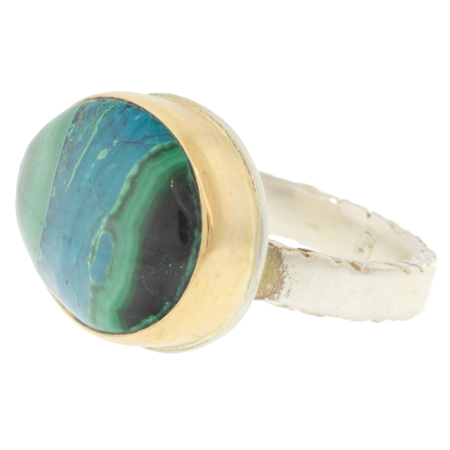 Jamie Joseph: SS and 14k Gold Ring w/ Oval CHRYSOCOLLA-AZURITE-MALACHITE on Middle Bark Band Measures 9/16" x 3/4" size 7