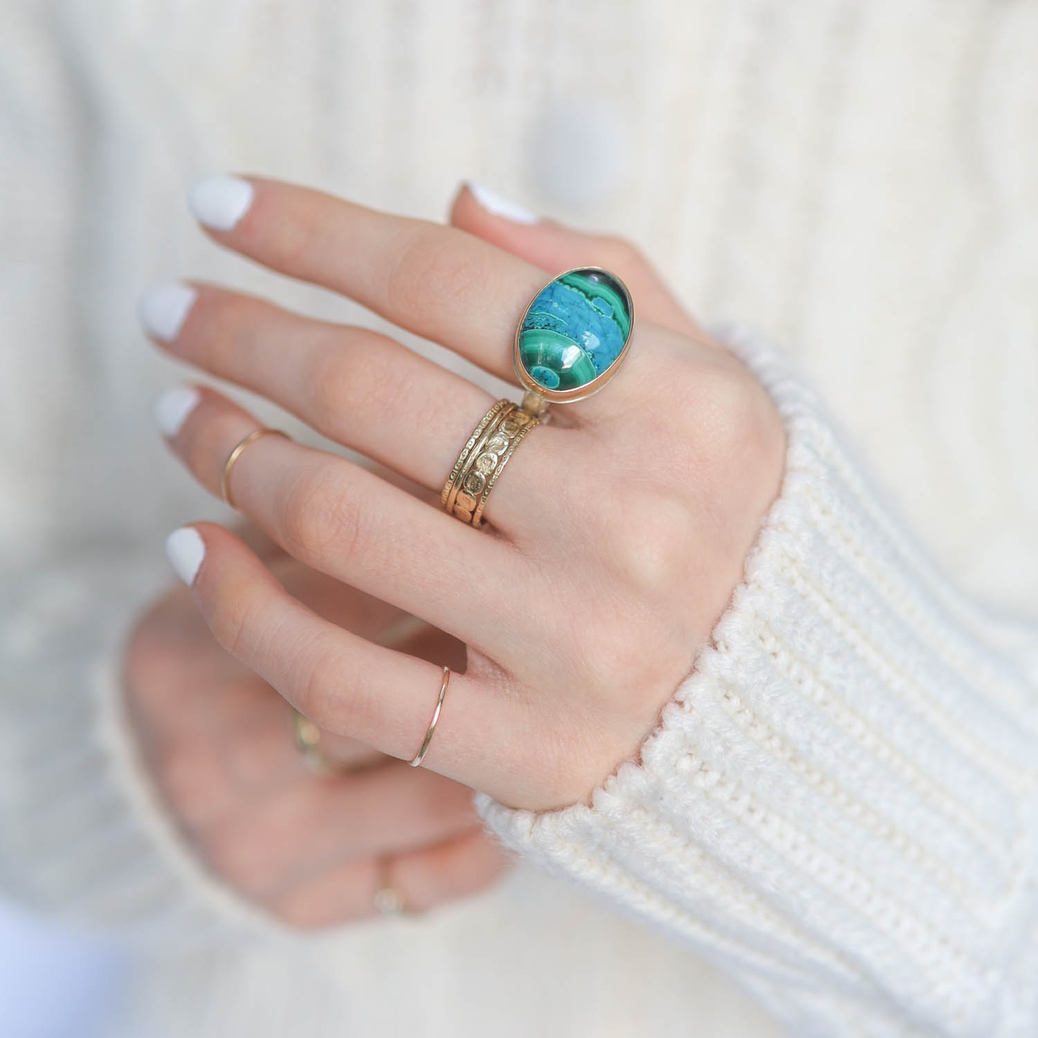 Jamie Joseph: SS and 14k Gold Ring w/ Oval CHRYSOCOLLA-AZURITE-MALACHITE on Middle Bark Band Measures 9/16" x 3/4" size 7