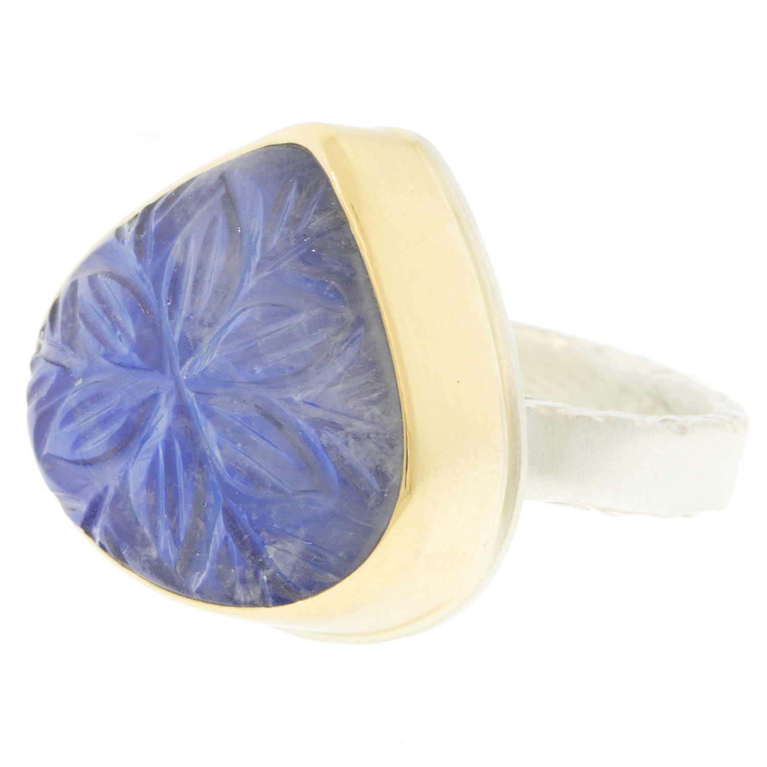 Jamie Joseph: Sterling & 14K Gold Ring w/ Lotus Hand Carved BLUE RAINBOW MOONSTONE on Middle Bark Band