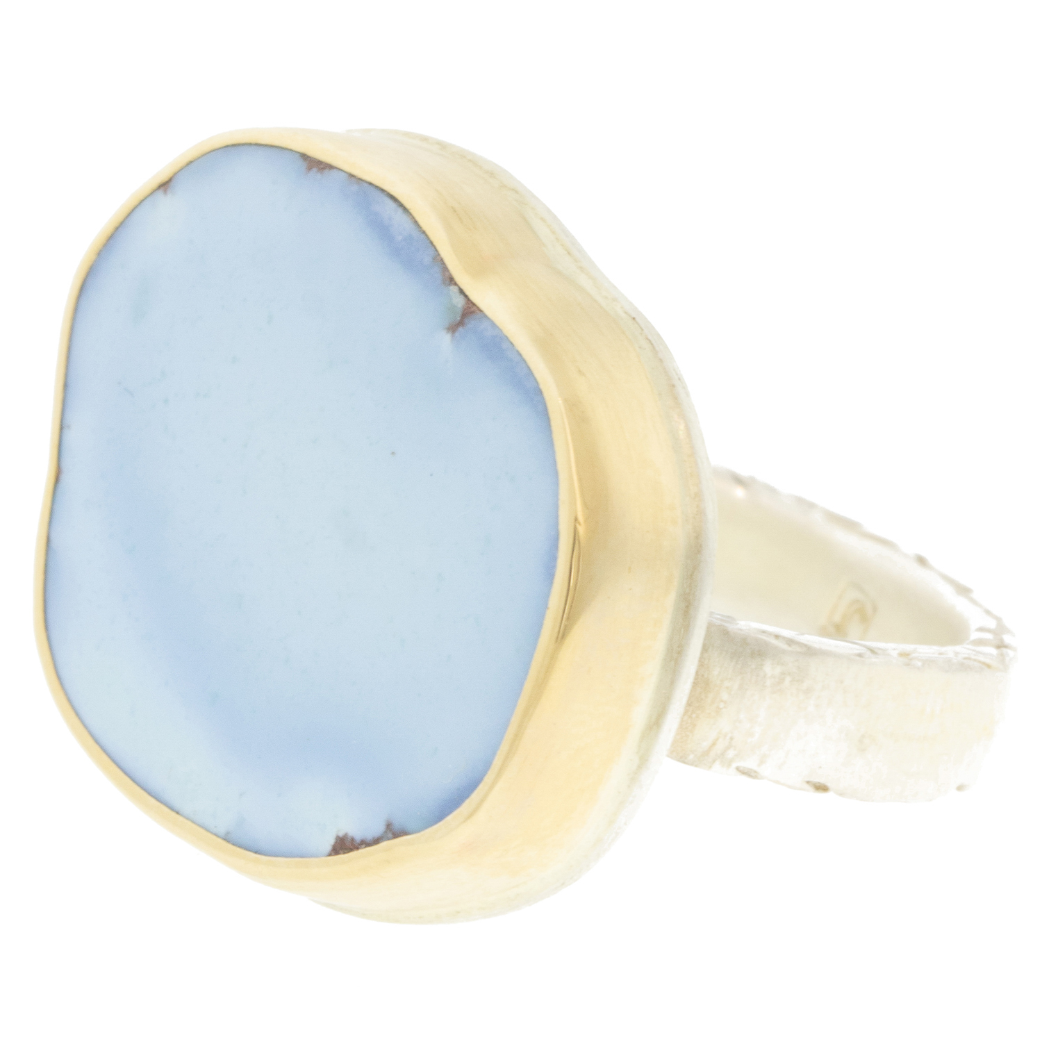 Jamie Joseph: Sterling & 14K Gold Ring w/ AsymmetricalKAZAKHSTANI TURQUOISE Slice on Middle BarkBand, size 6 3/4 measures 5/8" x 13/16"
