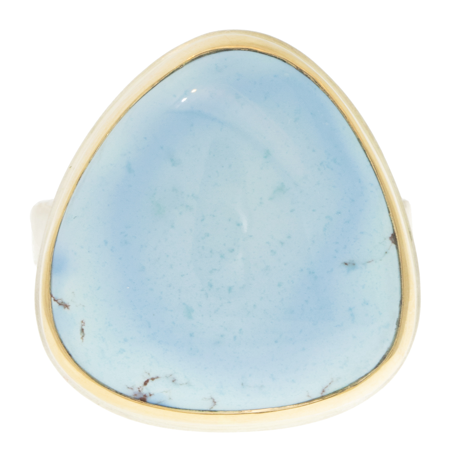 Jamie Joseph: KAZAKHSTANI TURQUOISE Sterling & 14K Gold Ring w/ Vertical Asymmetrical on Middle Bark Band size 7