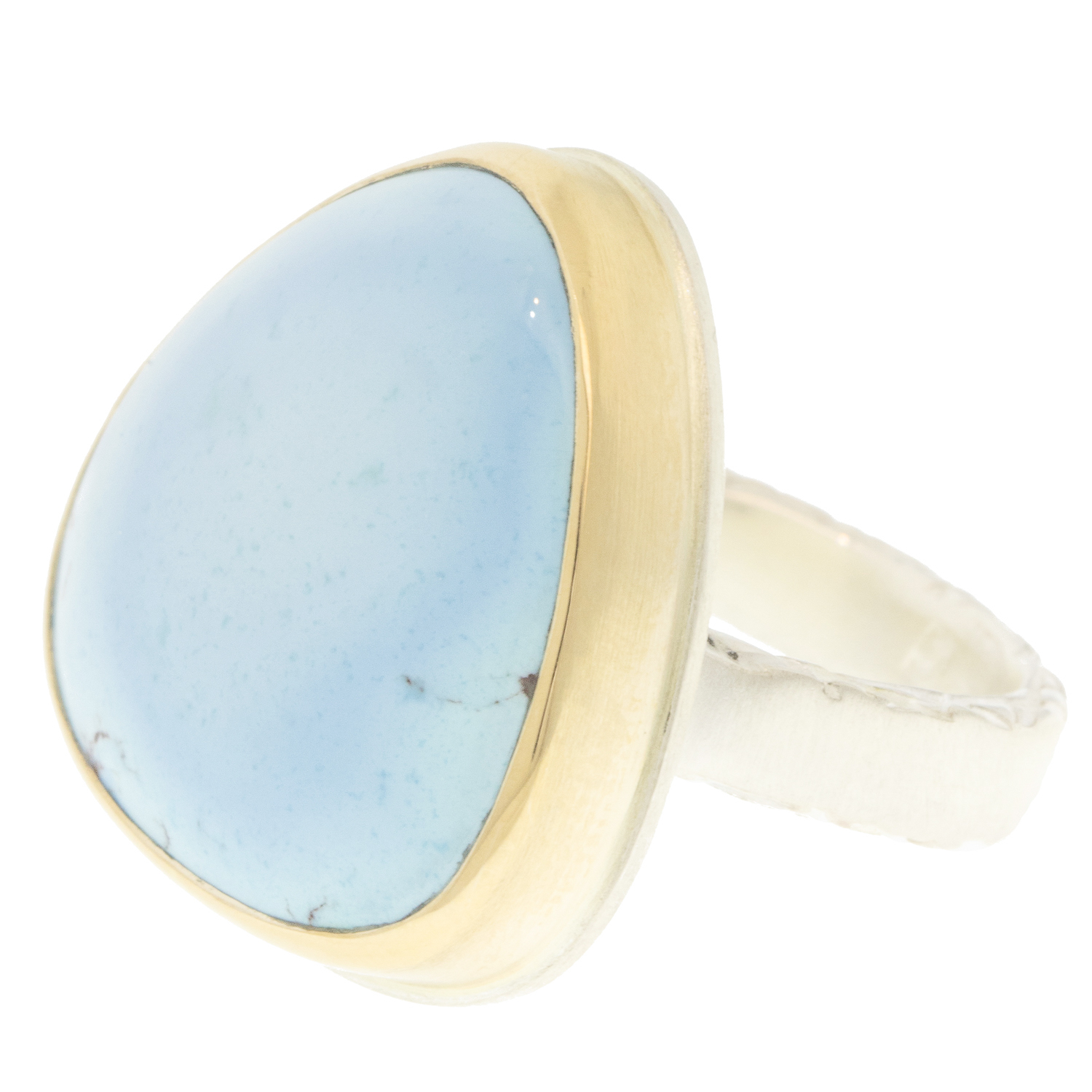 Jamie Joseph: KAZAKHSTANI TURQUOISE Sterling & 14K Gold Ring w/ Vertical Asymmetrical on Middle Bark Band size 7