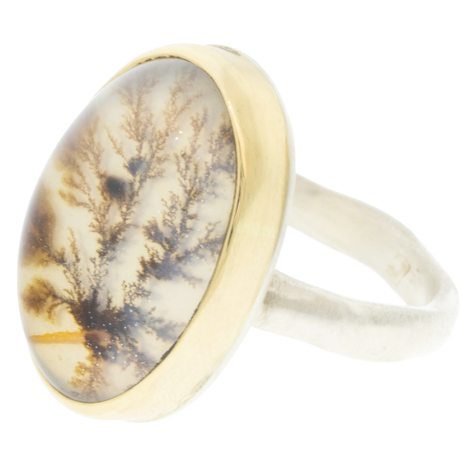 Jamie Joseph: Sterling & 14K Gold Ring w/ Vertical Oval DENDRITIC AGATE on Middle Groovy Band, size 7 3/4, 13/16" x 9/16"