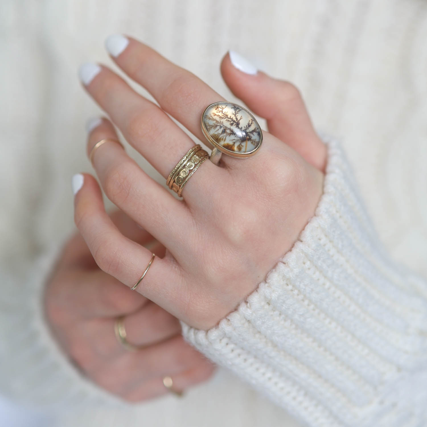 Jamie Joseph: Sterling & 14K Gold Ring w/ Vertical Oval DENDRITIC AGATE on Middle Groovy Band, size 7 3/4, 13/16" x 9/16"