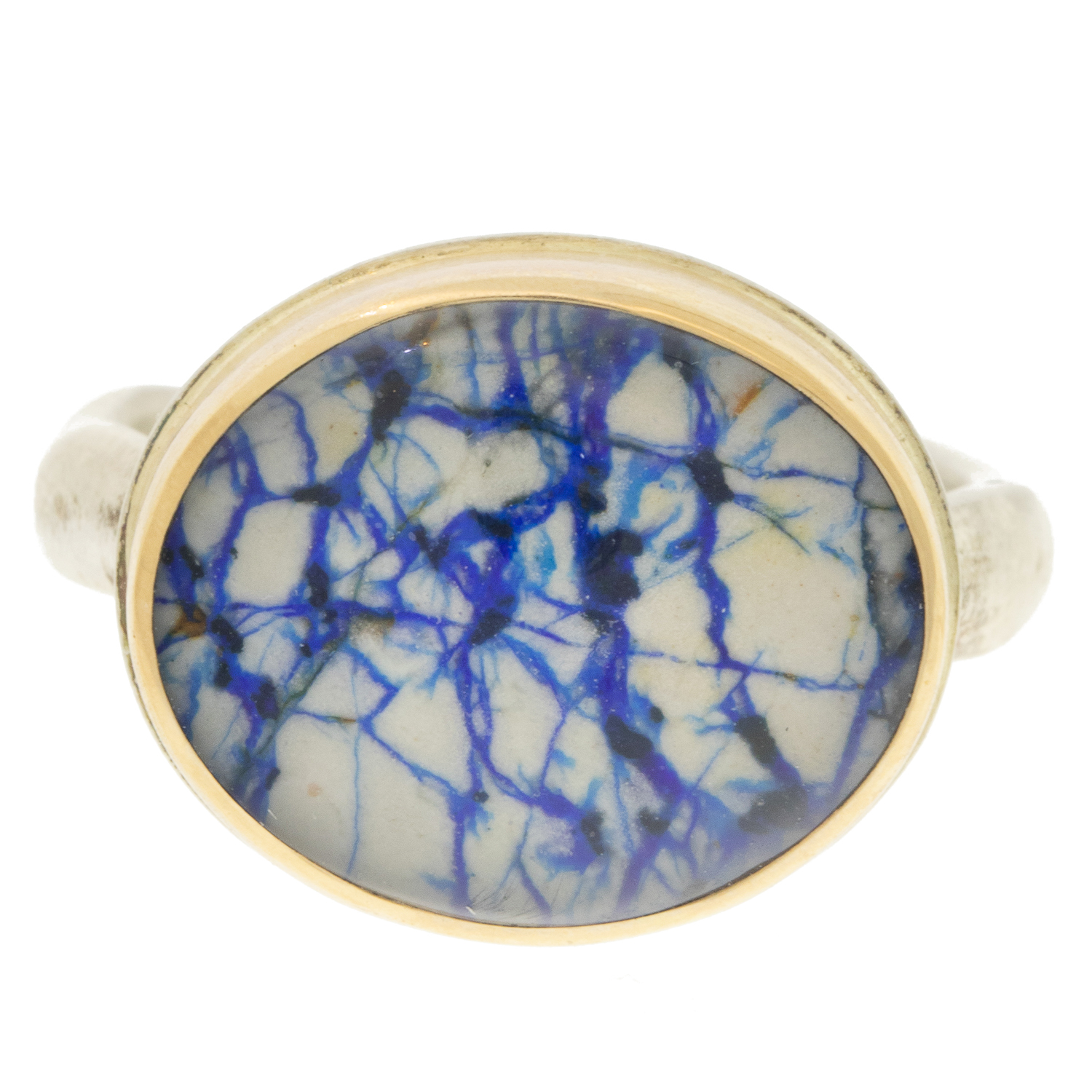 Jamie Joseph: SS and 14k Gold Ring w/ Small Oval AZURITE & QUARTZ on Middle Groovy Band, Measures 9/16" x 5/8" size 7