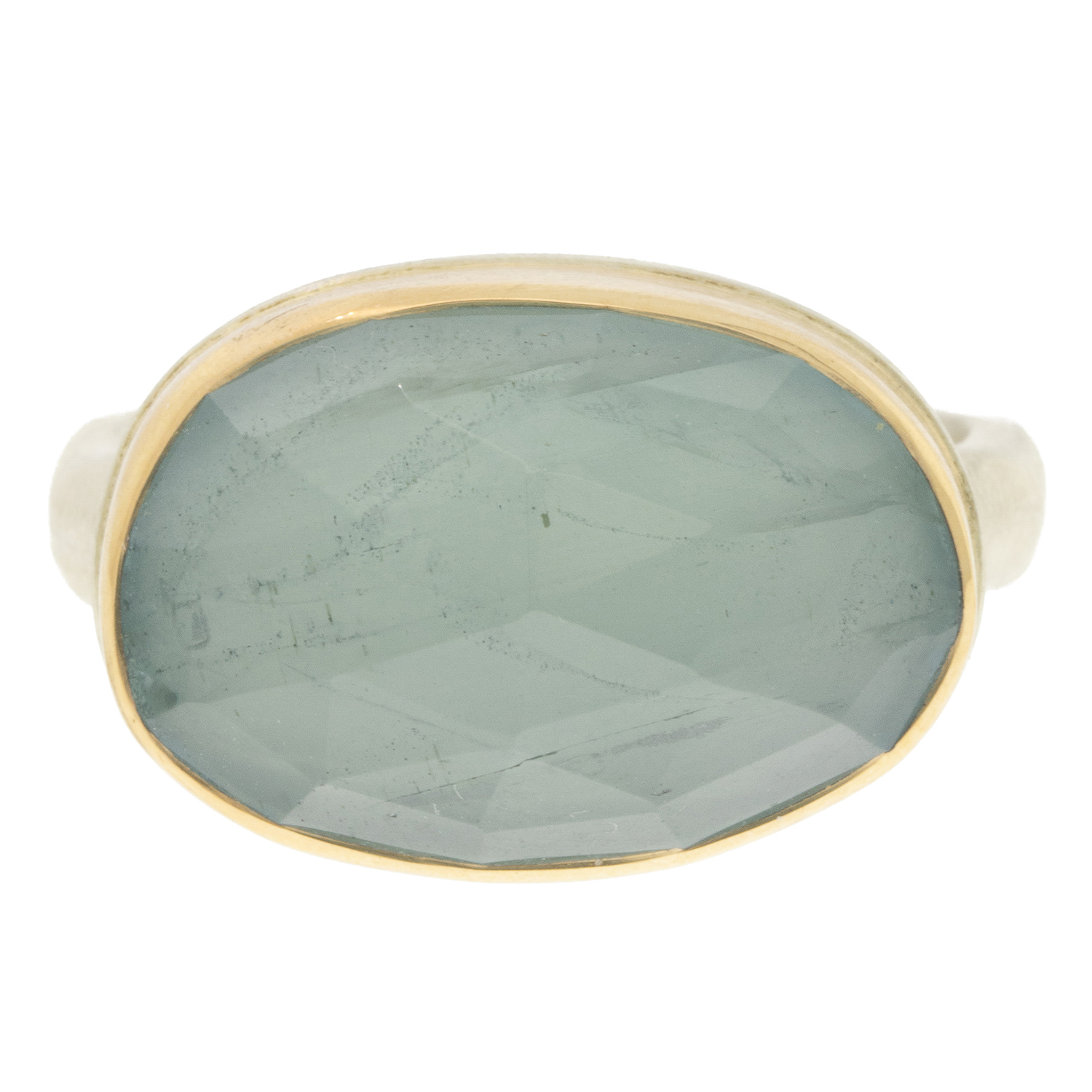 Jamie Joseph: Sterling & 14K Gold Ring w/ Asymmetrical Rose Cut AQUAMARINE on Middle Groovy Band 1/2" x 13/16" size 8