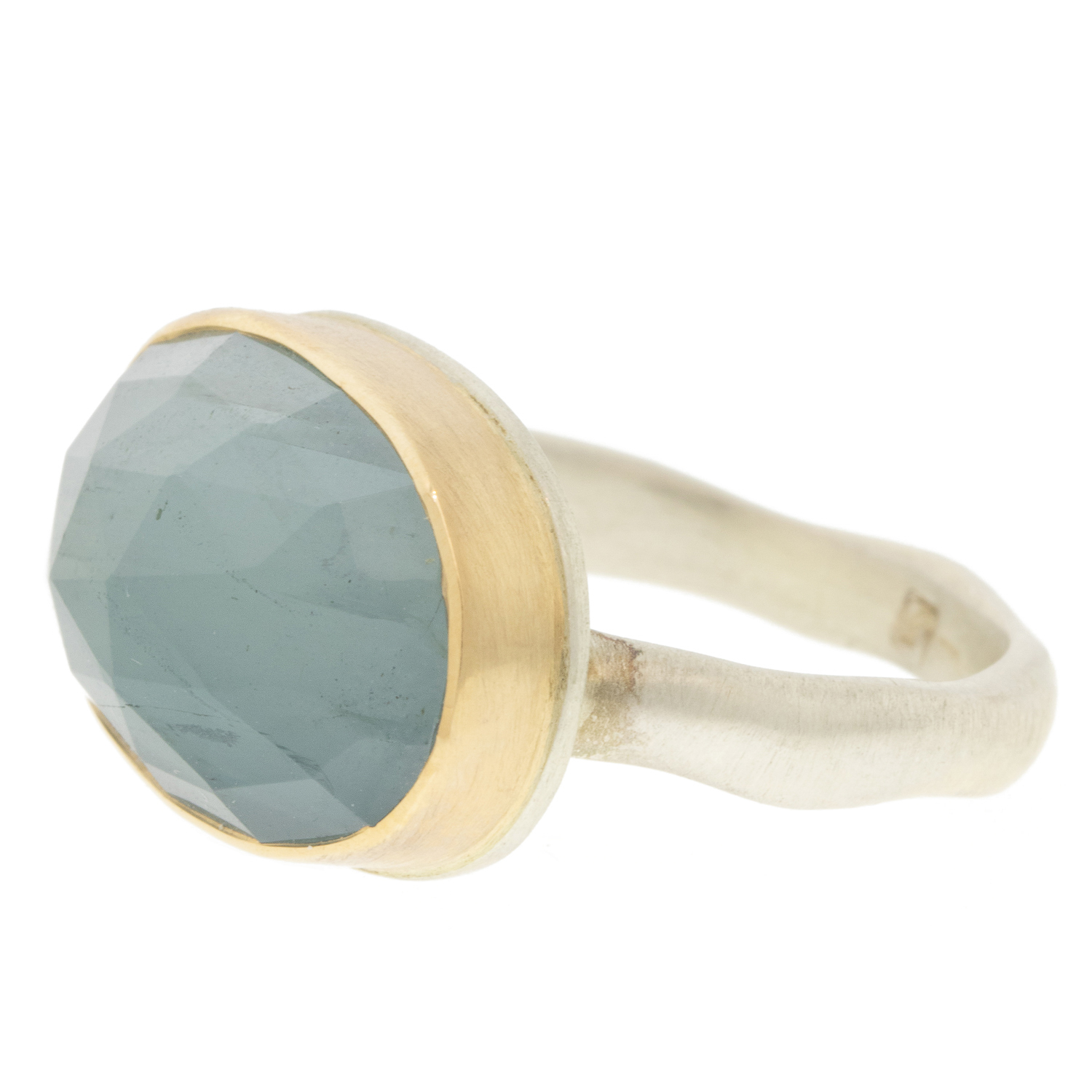 Jamie Joseph: Sterling & 14K Gold Ring w/ Asymmetrical Rose Cut AQUAMARINE on Middle Groovy Band 1/2" x 13/16" size 8
