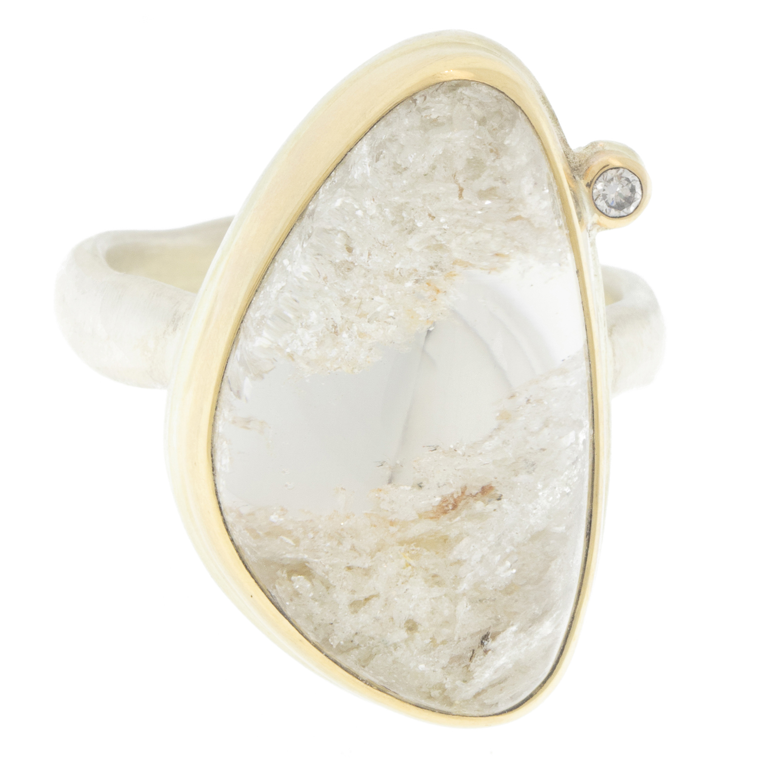Jamie Joseph: PILOT MOUNTAIN QUARTZ Sterling & 14K Gold Ring .03 ct Satellite Diamond on Middle Groovy Band, size 7.5, 7/8" x 9/16"