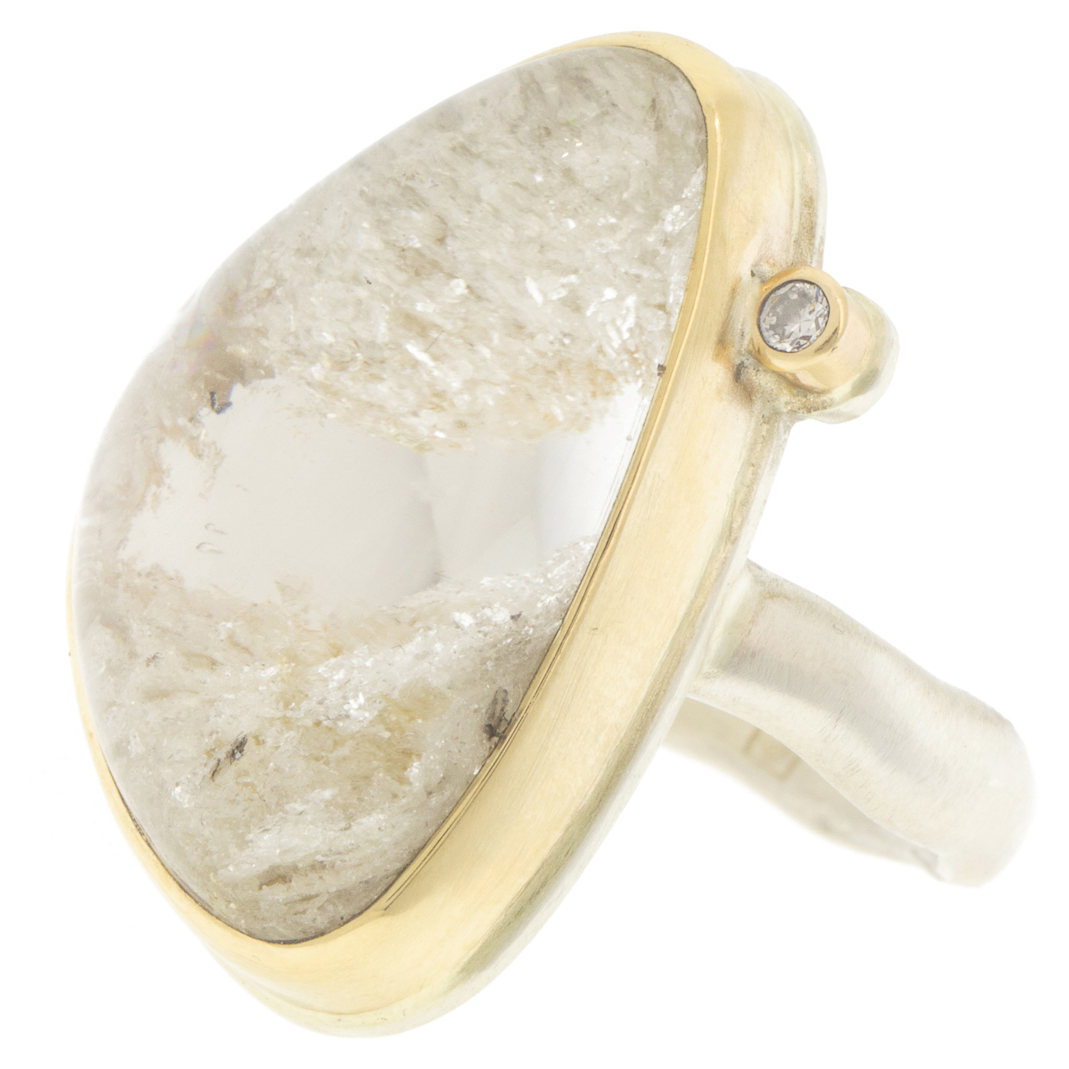 Jamie Joseph: PILOT MOUNTAIN QUARTZ Sterling & 14K Gold Ring .03 ct Satellite Diamond on Middle Groovy Band, size 7.5, 7/8" x 9/16"