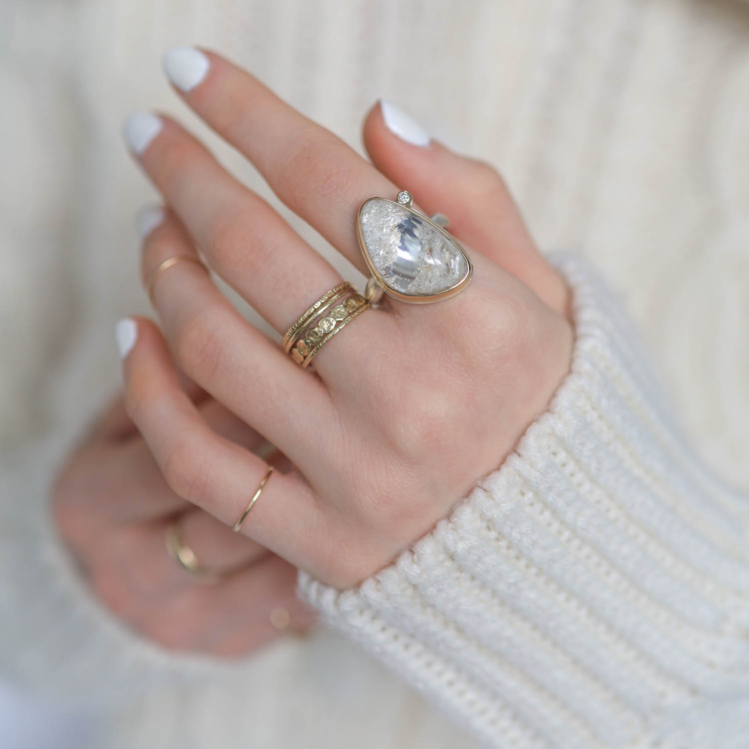 Jamie Joseph: PILOT MOUNTAIN QUARTZ Sterling & 14K Gold Ring .03 ct Satellite Diamond on Middle Groovy Band, size 7.5, 7/8" x 9/16"
