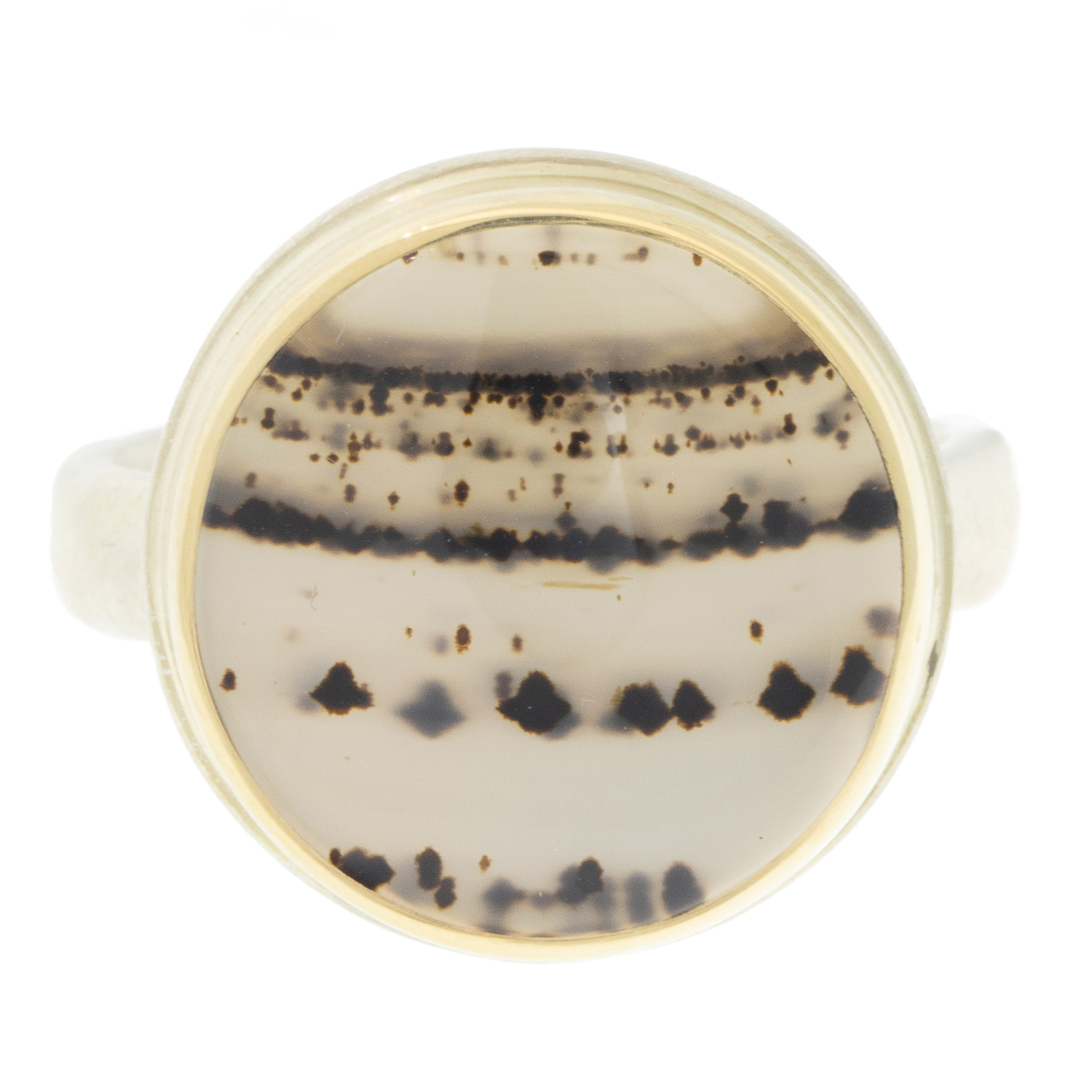Jamie Joseph: Sterling & 14K Gold Ring w/ Small Round MONTANA AGATE on Middle Groovy Band, size 7.25, 5/8" in diameter