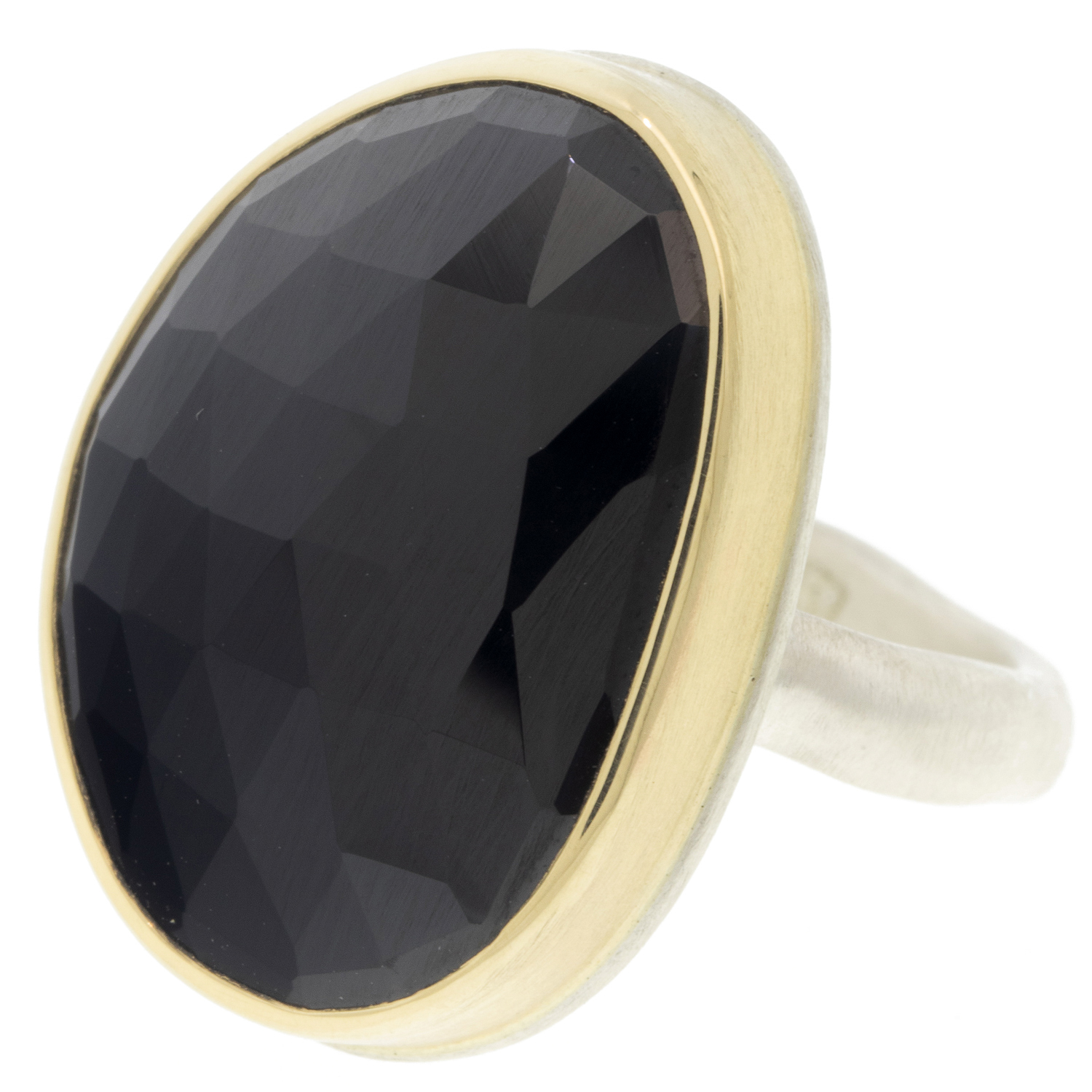 Jamie Joseph: BLACK SPINEL Sterling & 14K Gold Ring w/ Vertical Asymmetrical Rose Cut on Middle Groovy Band sz 7.5