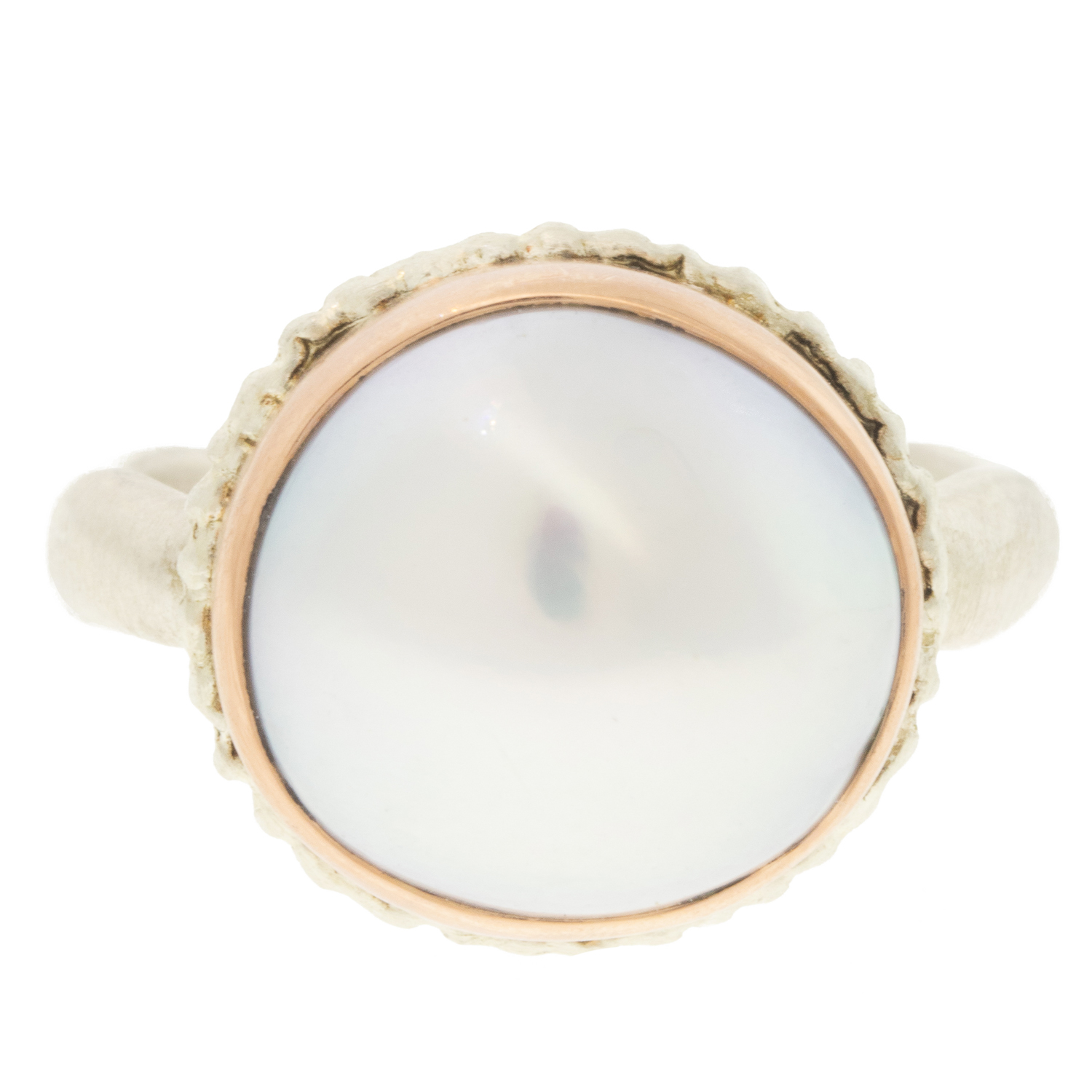 Jamie Joseph:Sterling & 14K Rose Gold Ring w/ Round CULTUREDSOUTH SEA PEARL on Lava Platform and MiddleGroovy Band size 7.5, 1/2" x 9/16"