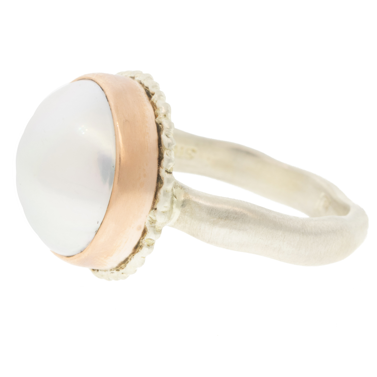 Jamie Joseph:Sterling & 14K Rose Gold Ring w/ Round CULTUREDSOUTH SEA PEARL on Lava Platform and MiddleGroovy Band size 7.5, 1/2" x 9/16"
