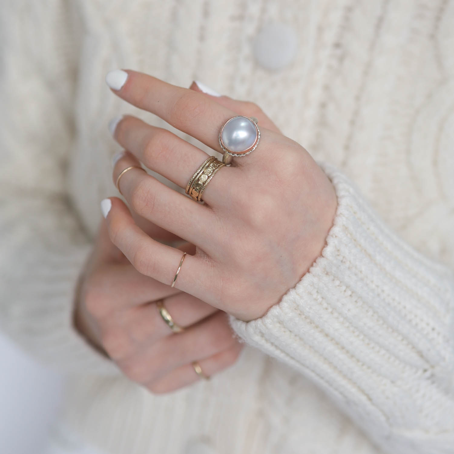 Jamie Joseph:Sterling & 14K Rose Gold Ring w/ Round CULTUREDSOUTH SEA PEARL on Lava Platform and MiddleGroovy Band size 7.5, 1/2" x 9/16"