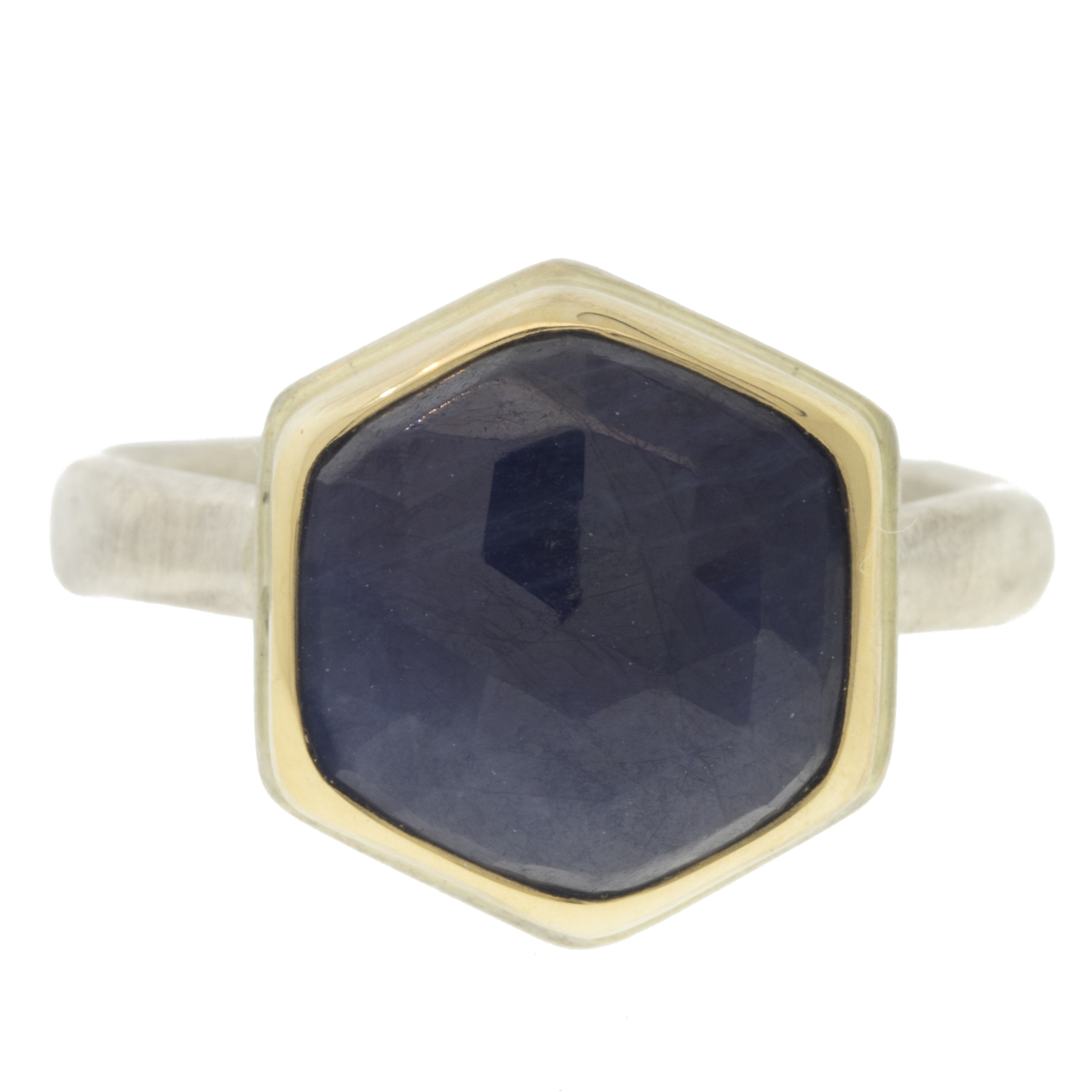 Jamie Joseph: BLUE SAPPHIRE Sterling & 14K Gold Ring w/ Small Hexagonal Rose Cut on Middle Organic Band sz7