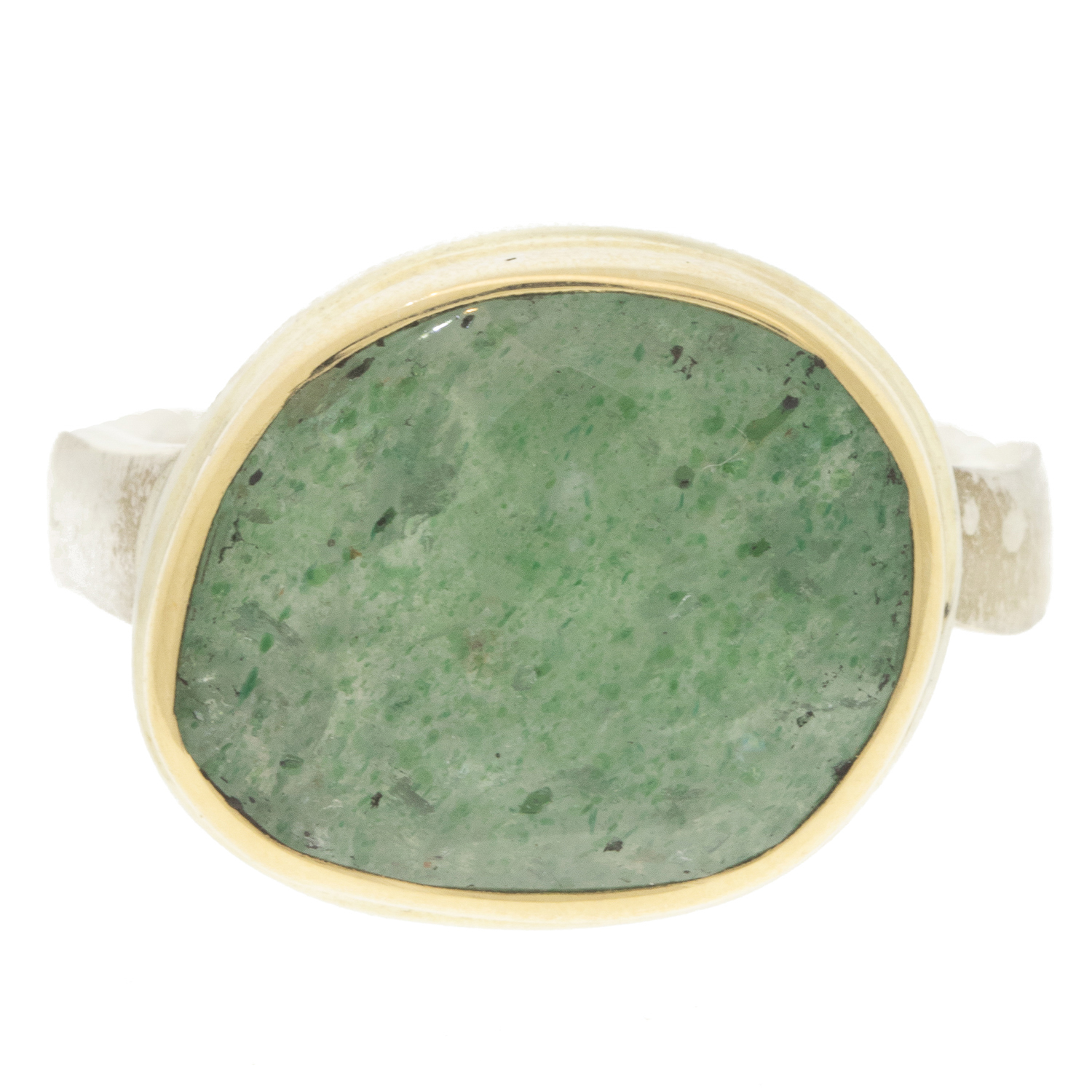 Jamie Joseph: Sterling & 14K Gold Ring w/ Small Asymmetrical Faceted GREEN QUARTZ on Soft Live Edge Band size 6.5, 1/2" x 5/8"