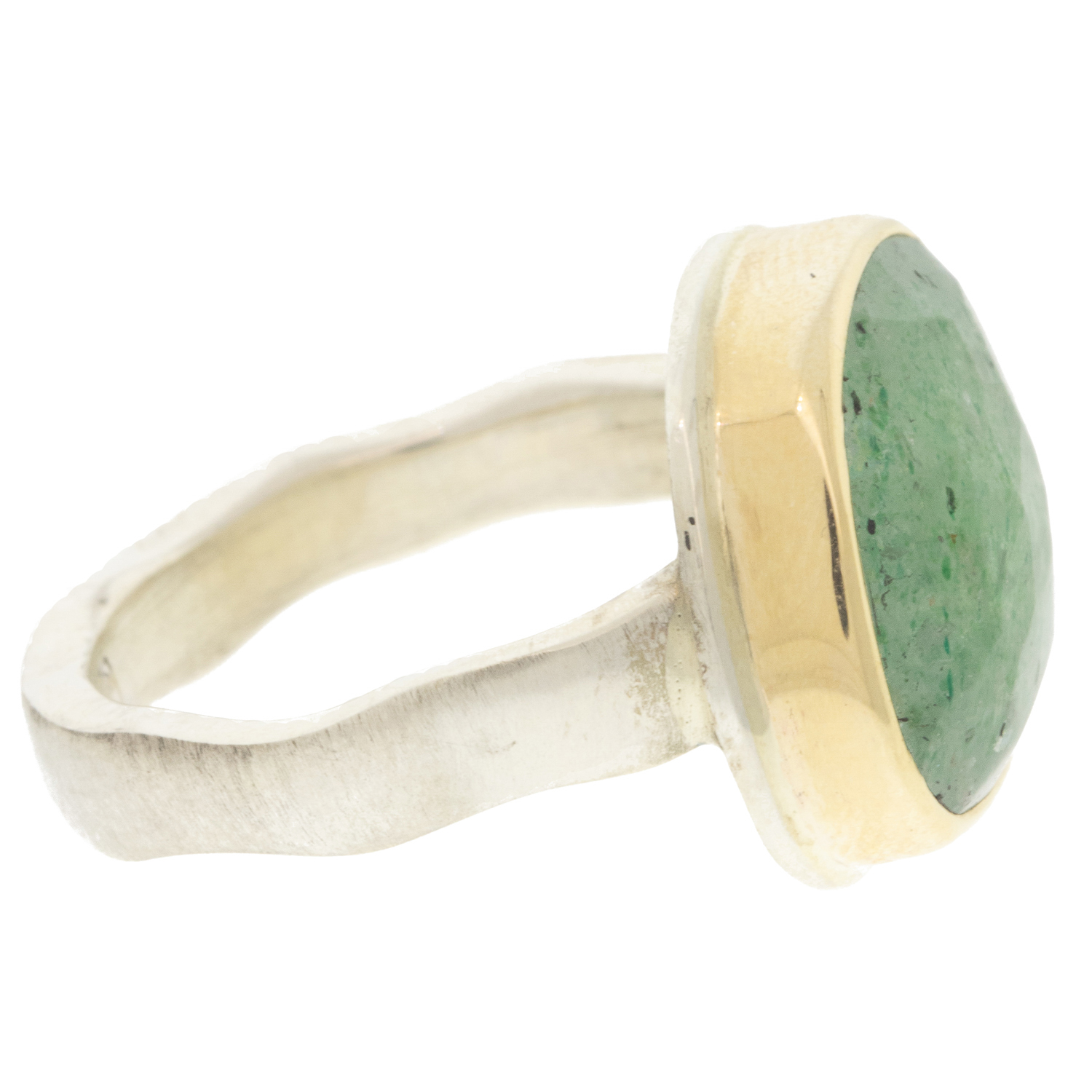 Jamie Joseph: Sterling & 14K Gold Ring w/ Small Asymmetrical Faceted GREEN QUARTZ on Soft Live Edge Band size 6.5, 1/2" x 5/8"
