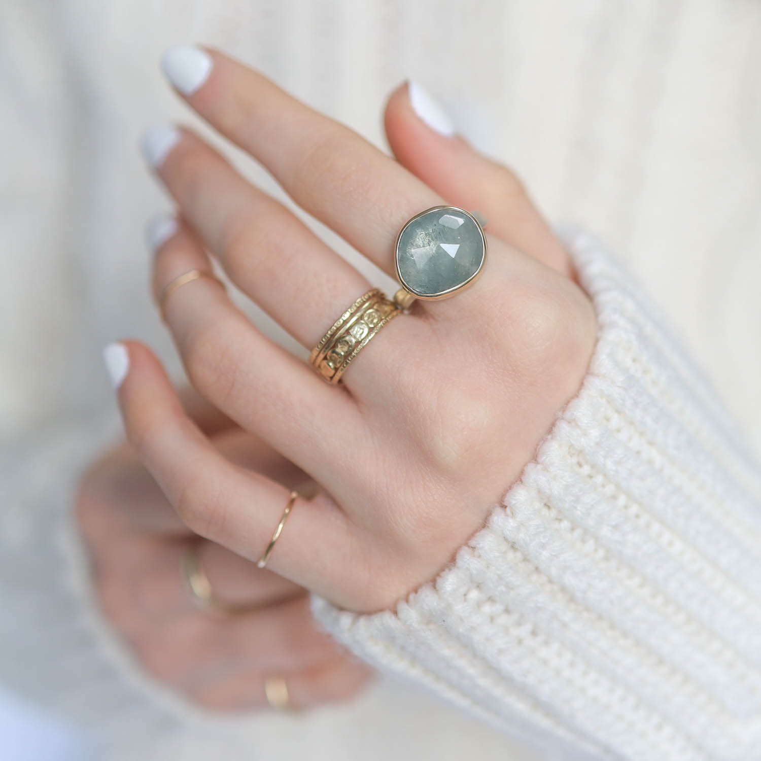Jamie Joseph: Sterling & 14K Gold Ring w/ Asymmetrical FacetedLINEN SAPPHIRE on Soft Live Edge Band, size 7.5, 9/16" x 9/16""