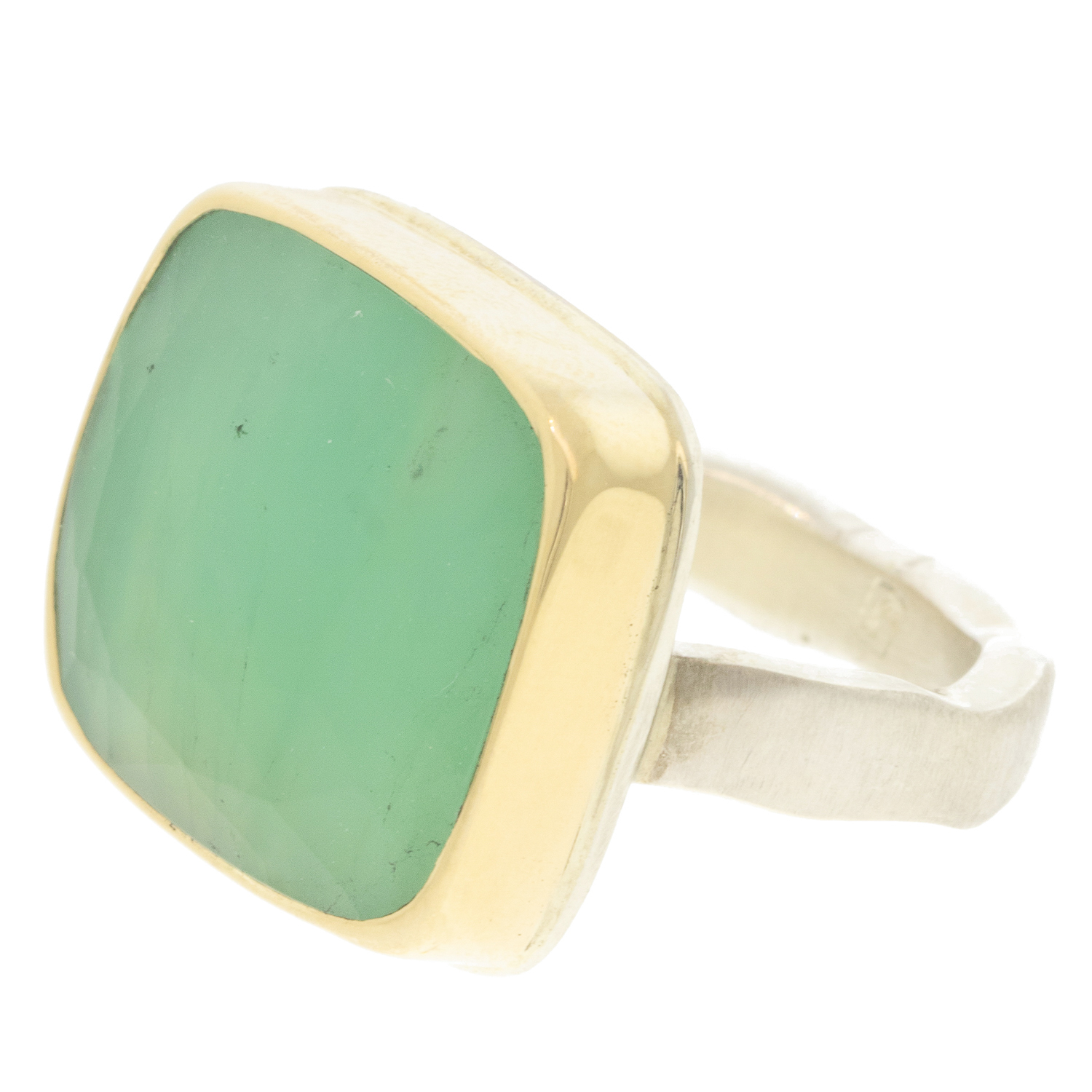 Jamie Joseph: Sterling & 14K Gold Ring w/ Rectangular Rose CutCHRYSOPRASE on Soft Live Edge Band, size 6, 9/16" x 3/4"