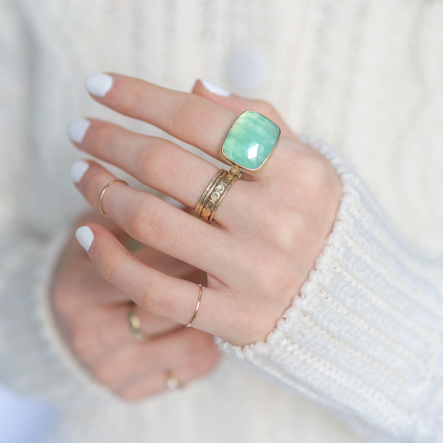 Jamie Joseph: Sterling & 14K Gold Ring w/ Rectangular Rose CutCHRYSOPRASE on Soft Live Edge Band, size 6, 9/16" x 3/4"