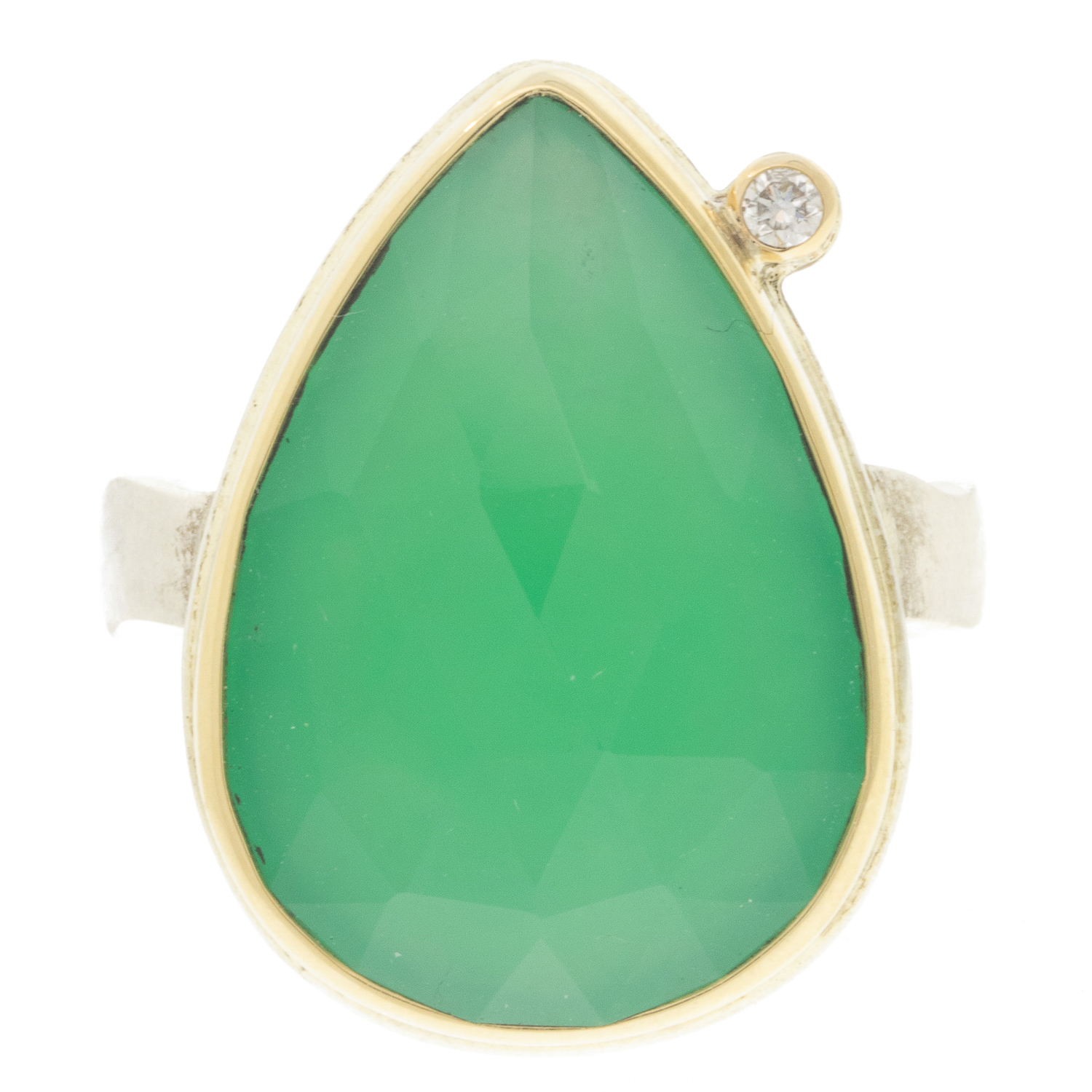 Jamie Joseph: CHRYSOPRASE Sterling & 14K Gold Ring .03 ct Satellite Diamond on Soft LiveEdge Band size 6.5 7/8" x 5/8"