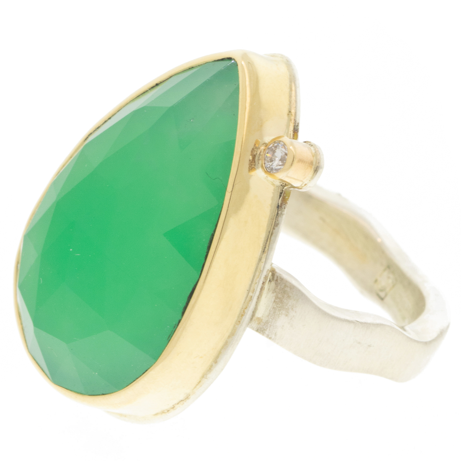 Jamie Joseph: CHRYSOPRASE Sterling & 14K Gold Ring .03 ct Satellite Diamond on Soft LiveEdge Band size 6.5 7/8" x 5/8"