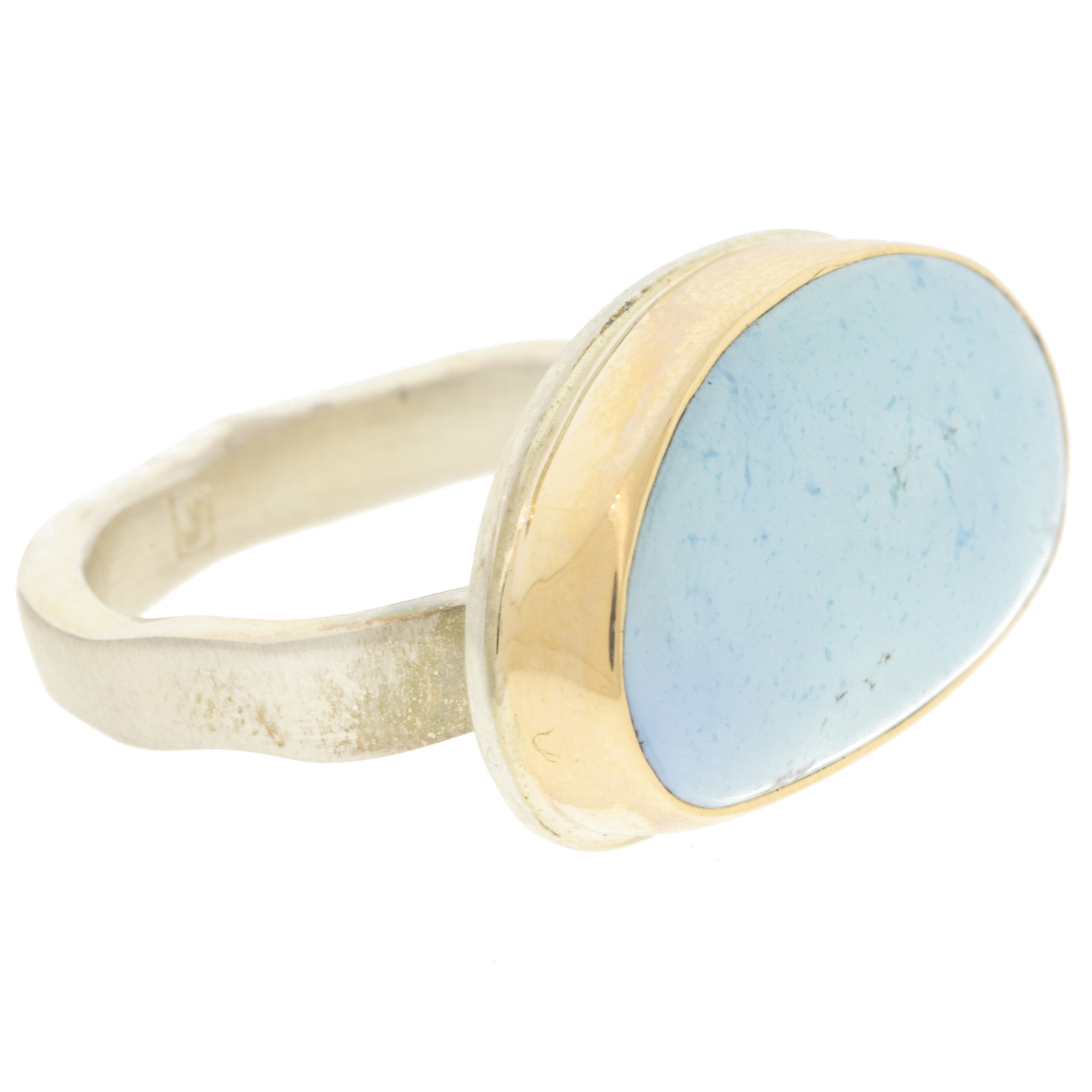 Jamie Joseph: Ring, Sterling & 14K Gold Ring w/ Asymmetrical KAZAKHSTANI TURQUOISE on Soft Live Edge Band 7/16" x 7/8" size 7 1/2