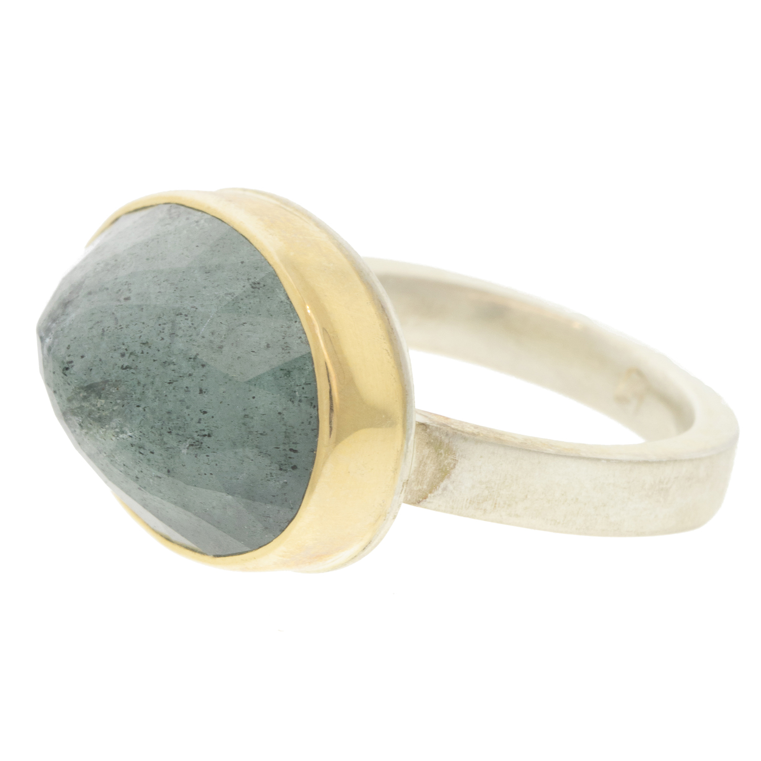 Jamie Joseph: Sterling & 14K Gold Ring w/ Oval Inverted MossAquamarine on X Band, size 7.5 1/2" x 11/16"