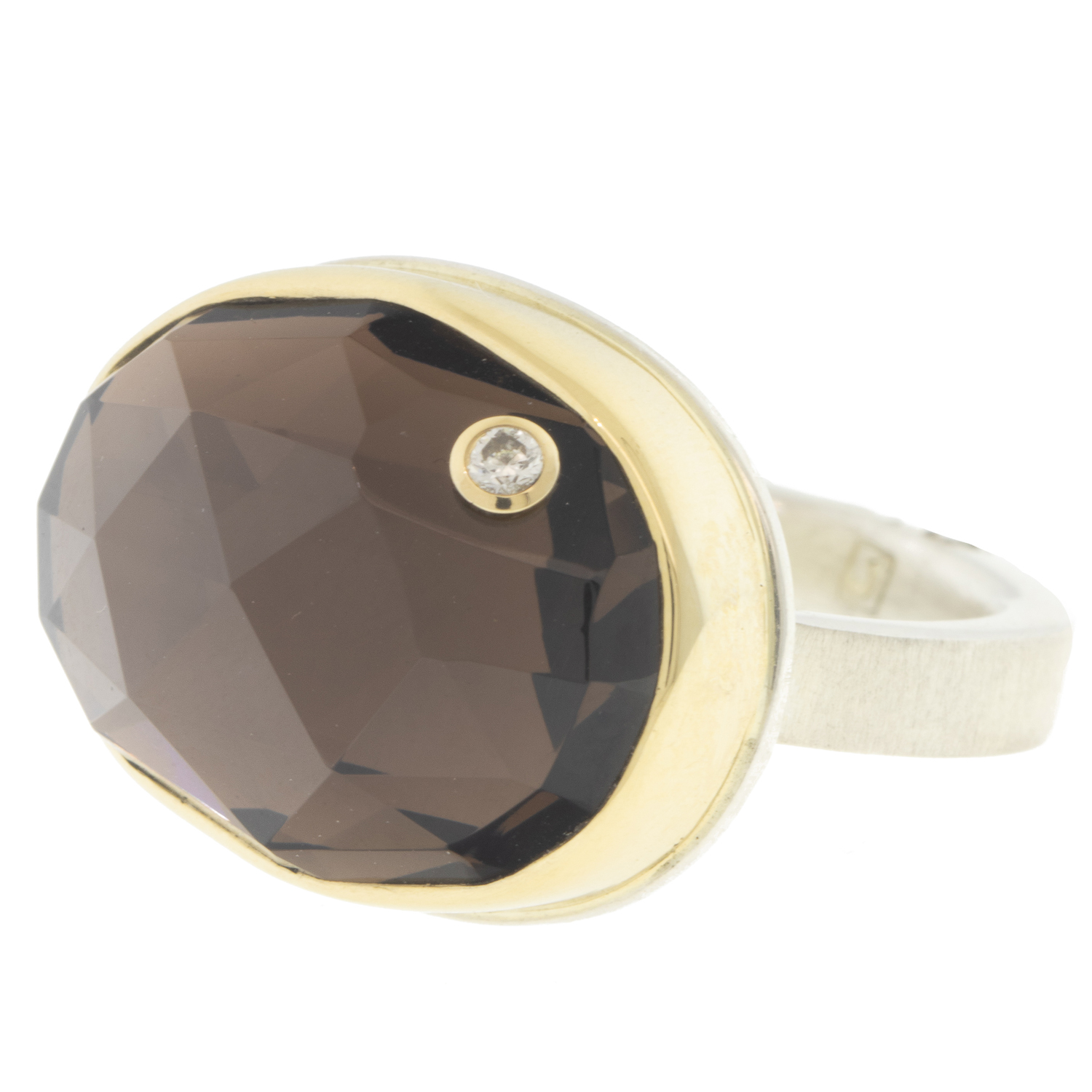 Jamie Joseph: SMOKY QUARTZ Sterling & 14K Gold Ring w/ Oval Rose Cut & .03 ct Diamond on X Band sz 7