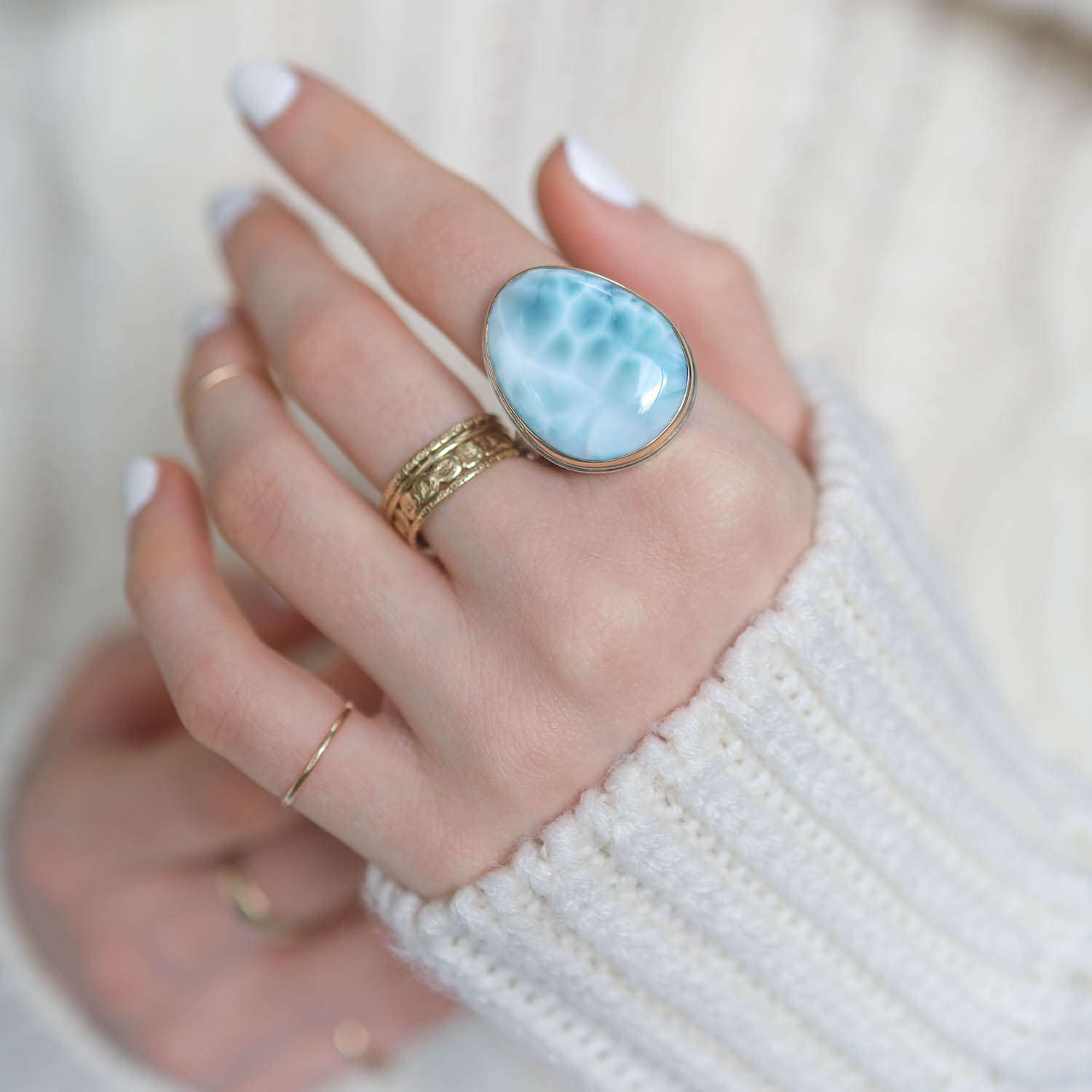 Jamie Joseph: Vertical Asymmetrical Smooth Larimar Ring, size 8 1/4