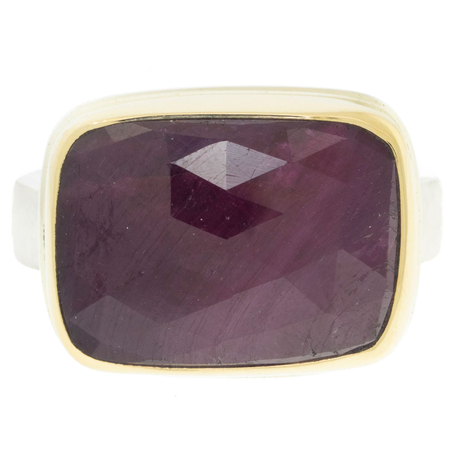 Jamie Joseph: Ring, Sterling & 14K Gold Ring w/ Rectangular Rose Cut INDIAN RUBY on Y band size 7 1/4 Measures 1/2" x 11/16"