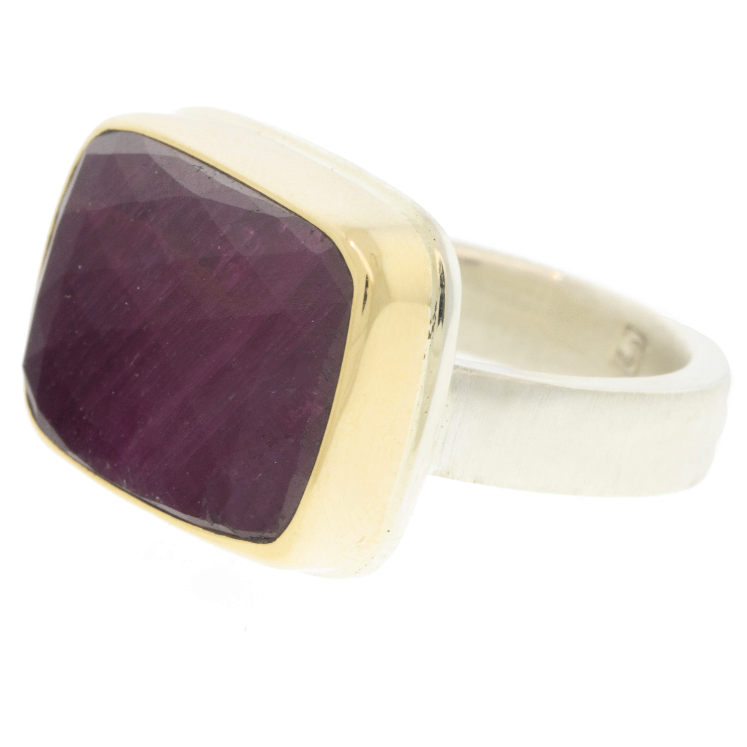 Jamie Joseph: Ring, Sterling & 14K Gold Ring w/ Rectangular Rose Cut INDIAN RUBY on Y band size 7 1/4 Measures 1/2" x 11/16"