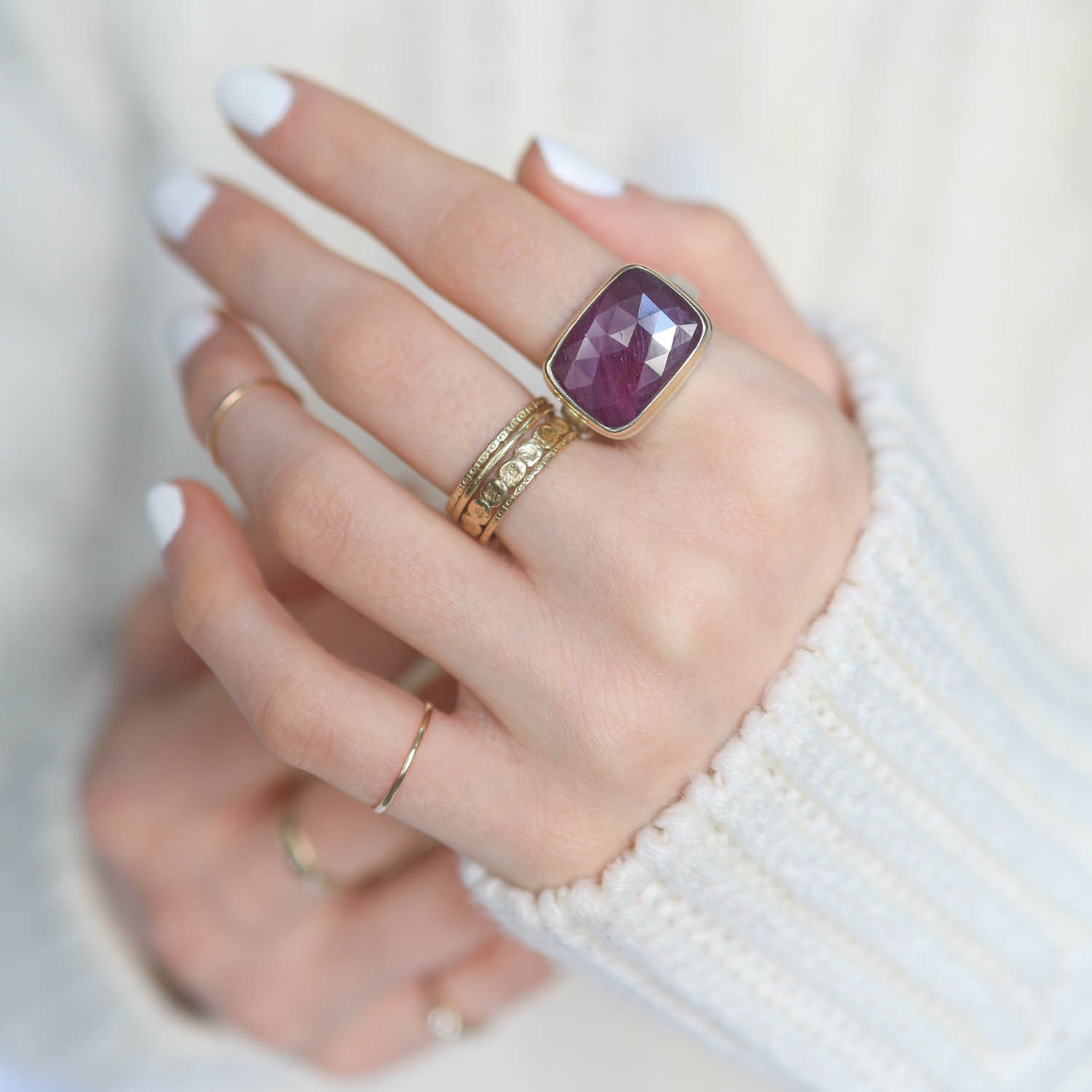 Jamie Joseph: Ring, Sterling & 14K Gold Ring w/ Rectangular Rose Cut INDIAN RUBY on Y band size 7 1/4 Measures 1/2" x 11/16"