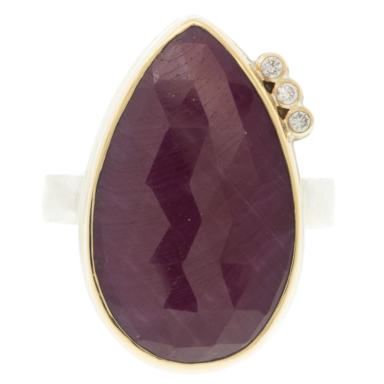 Jamie Joseph:INDIAN RUBY Sterling & 14K Gold Ring w/ Vertical Teardrop Rose Cut & Triple Satellite Diamonds on Y Band (.075 CTW) sz8