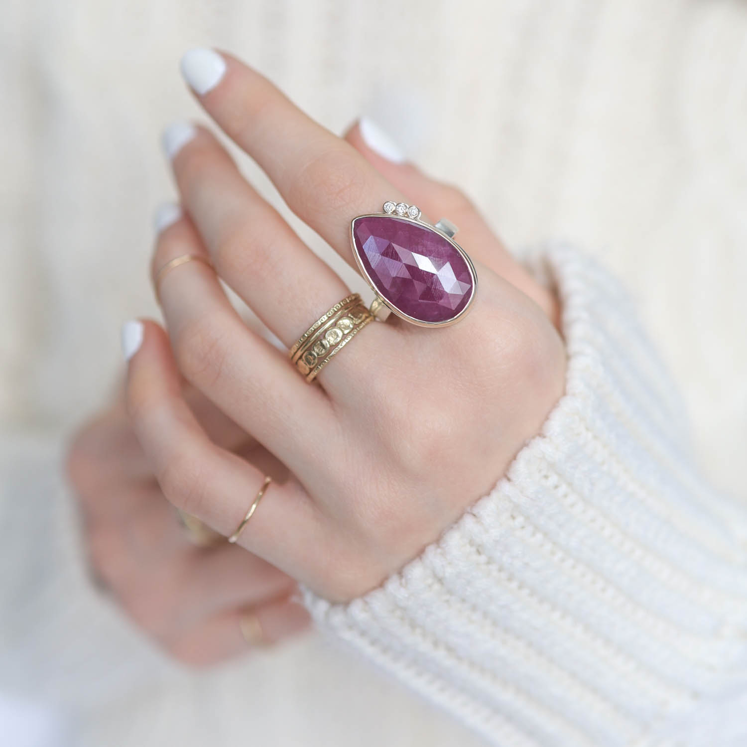Jamie Joseph:INDIAN RUBY Sterling & 14K Gold Ring w/ Vertical Teardrop Rose Cut & Triple Satellite Diamonds on Y Band (.075 CTW) sz8