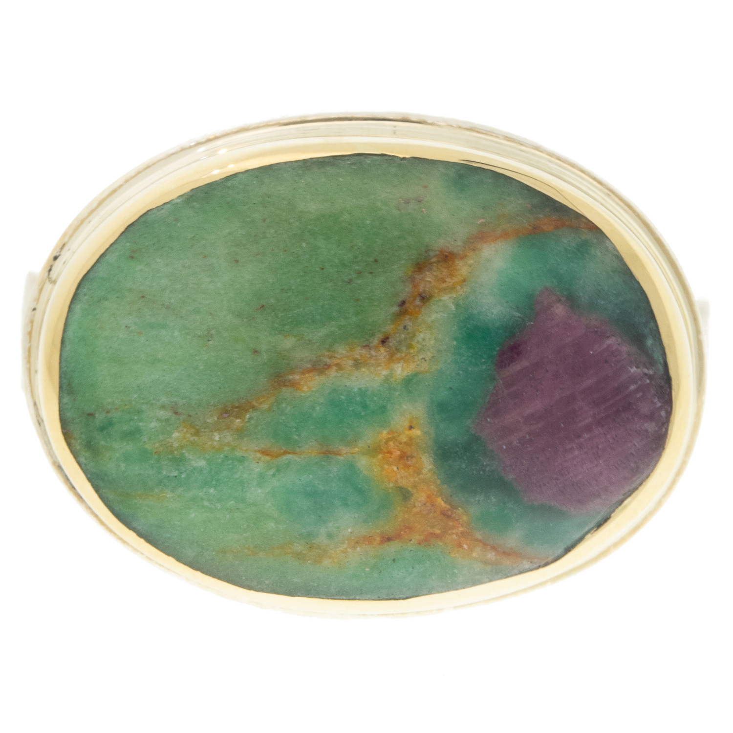 Jamie Joseph: Sterling & 14K Gold Ring w/ Oval RUBY ZOISITE on Y Band, size 7.5, 9/16" x 3/4"