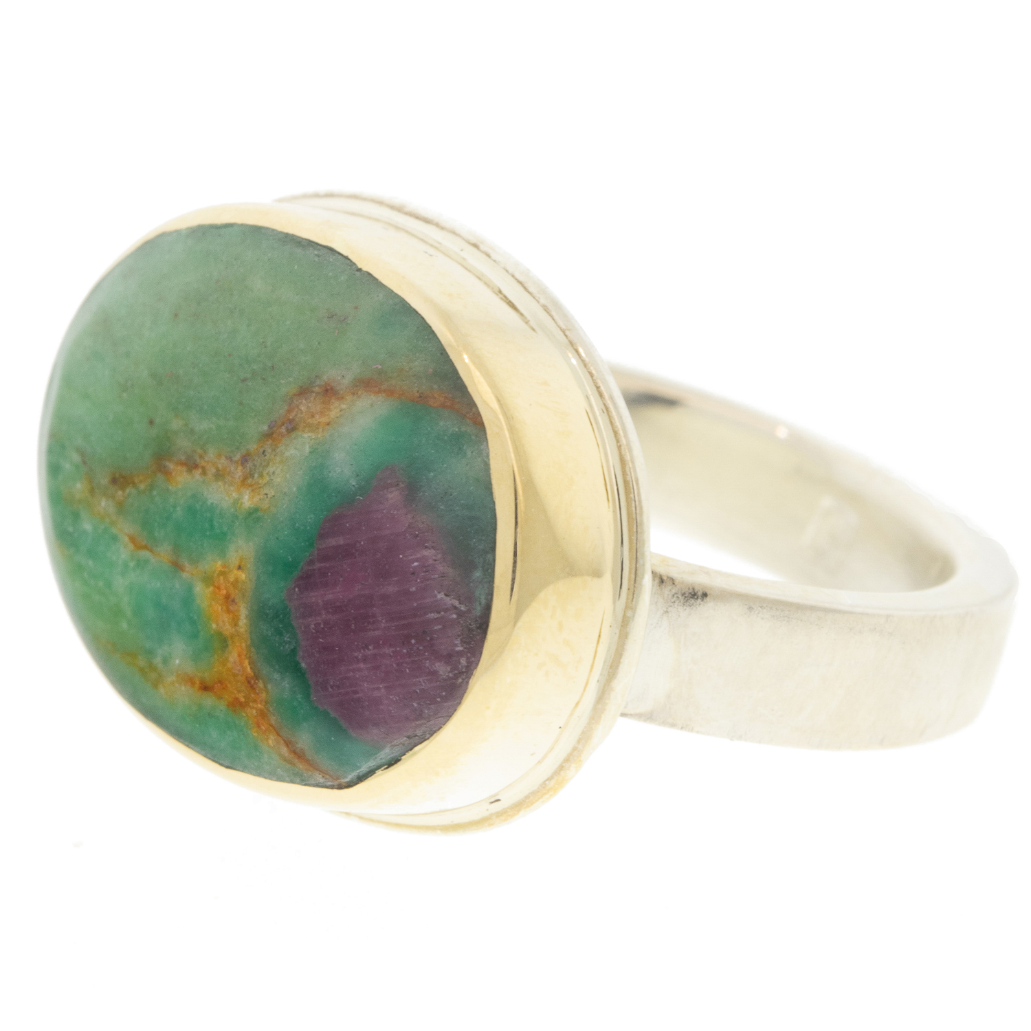 Jamie Joseph: Sterling & 14K Gold Ring w/ Oval RUBY ZOISITE on Y Band, size 7.5, 9/16" x 3/4"