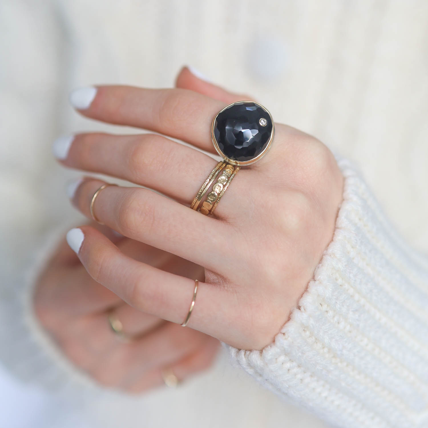 Jamie Joseph: Ring, Sterling & 14K Gold Ring w/ Asymmetrical Hand Faceted BLACK ONYX & .03 ct Diamond on Y Band 11/16" x 3/4" size 7